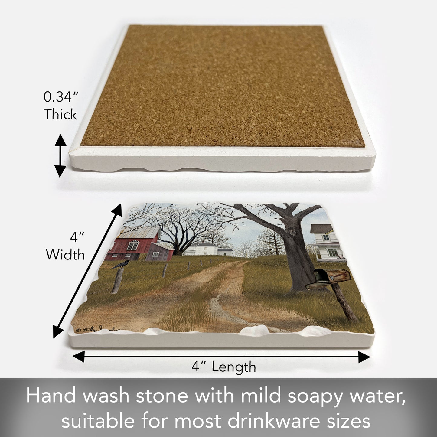 Thirstystone Old Dirt Road Single Tumbled Tile Stone Coaster with Protective Cork Backing Manufactured in The USA 4" Square, Artistic, Easily Wipes Clean