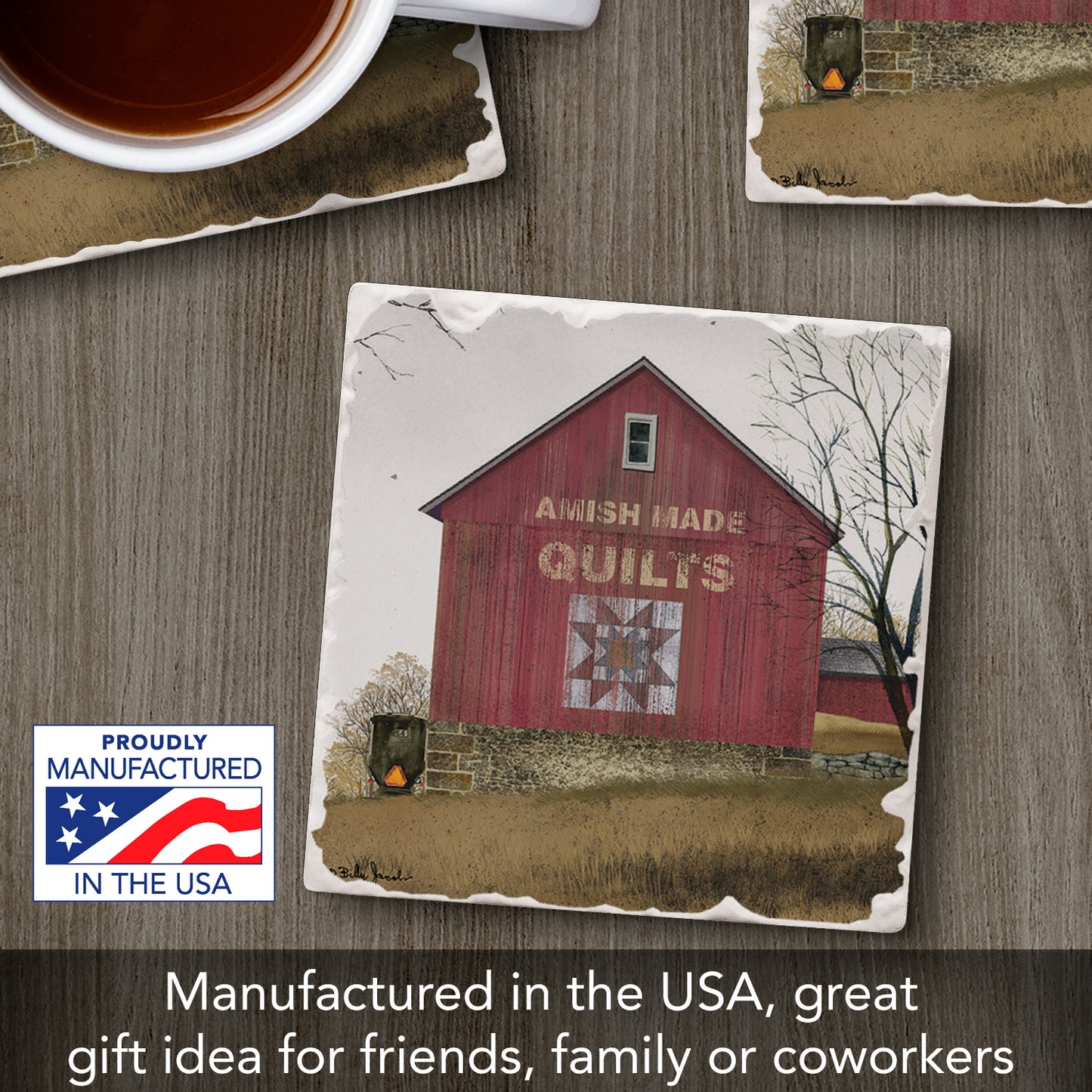 Thirstystone Quilt Barn Single Tumbled Tile Stone Coaster with Protective Cork Backing Manufactured in The USA 4" Square, Artistic, Easily Wipes Clean