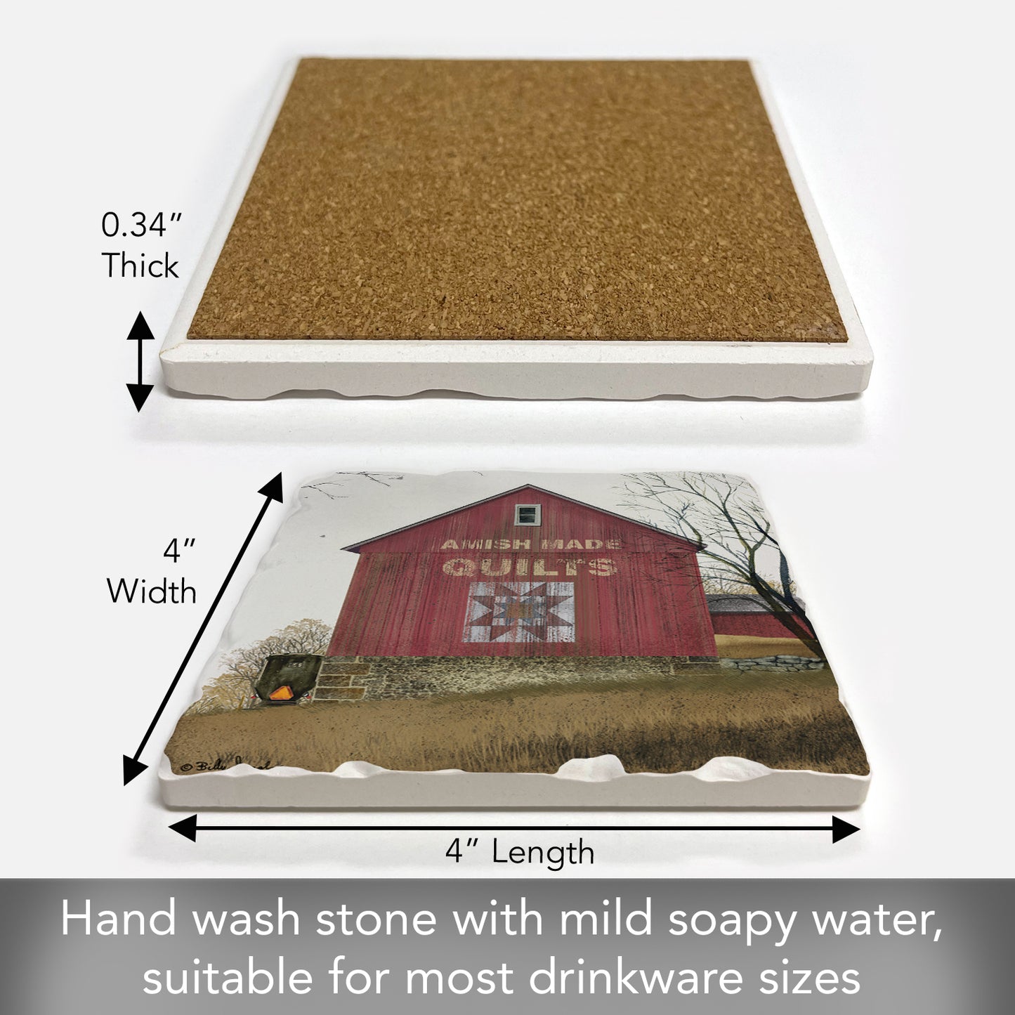Thirstystone Quilt Barn Single Tumbled Tile Stone Coaster with Protective Cork Backing Manufactured in The USA 4" Square, Artistic, Easily Wipes Clean