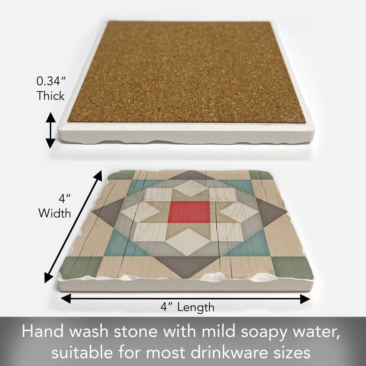 Thirstystone Quilt Design Barn Star Single Tumbled Tile Stone Coaster with Protective Cork Backing Manufactured in The USA 4" Square