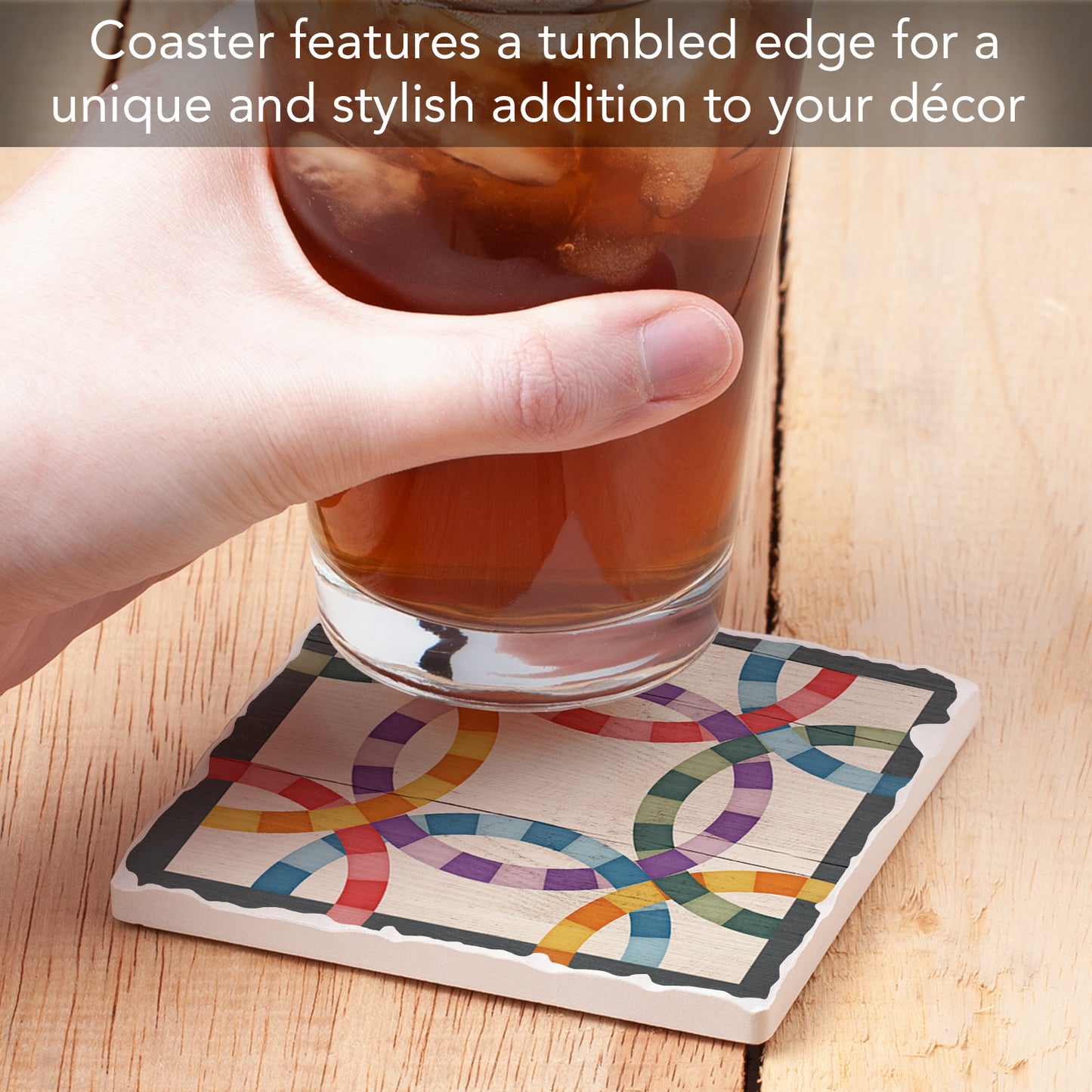 Thirstystone Quilt Design Double Wedding Ring Single Tumbled Tile Stone Coaster with Protective Cork Backing Manufactured in The USA 4" Square, Artistic, Easily Wipes Clean