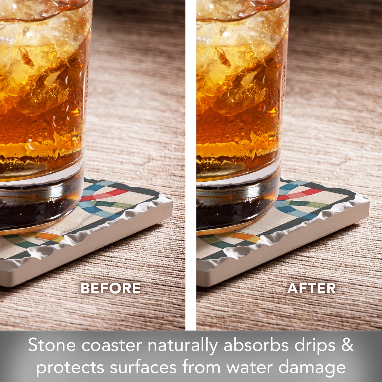 Thirstystone Quilt Design Double Wedding Ring Single Tumbled Tile Stone Coaster with Protective Cork Backing Manufactured in The USA 4" Square, Artistic, Easily Wipes Clean