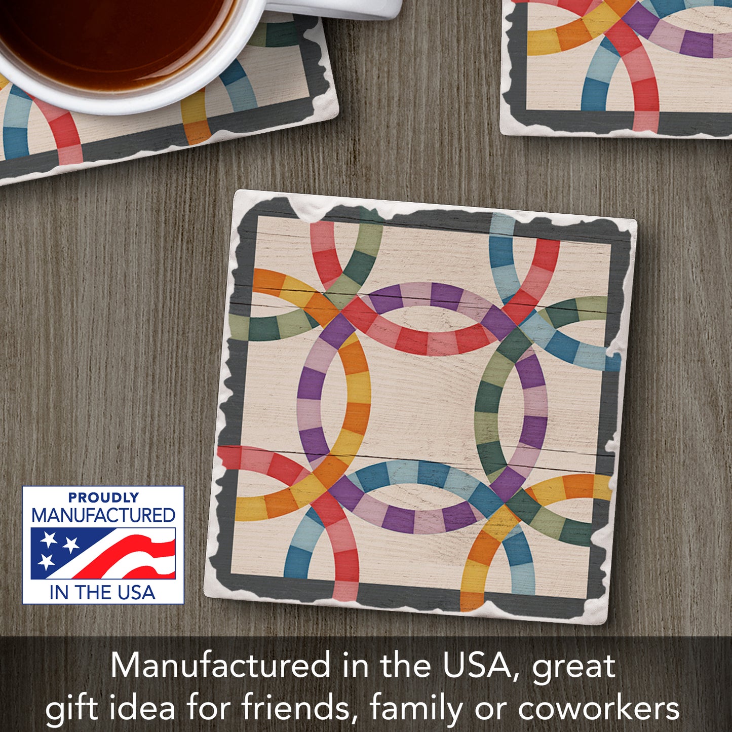 Thirstystone Quilt Design Double Wedding Ring Single Tumbled Tile Stone Coaster with Protective Cork Backing Manufactured in The USA 4" Square, Artistic, Easily Wipes Clean