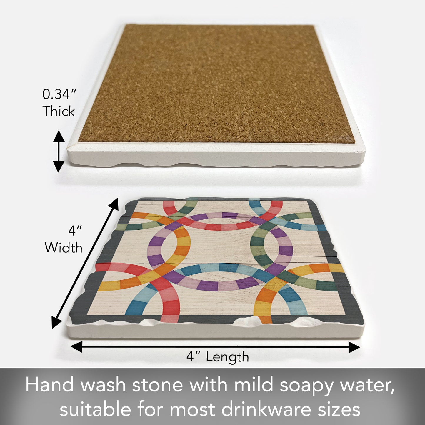 Thirstystone Quilt Design Double Wedding Ring Single Tumbled Tile Stone Coaster with Protective Cork Backing Manufactured in The USA 4" Square, Artistic, Easily Wipes Clean