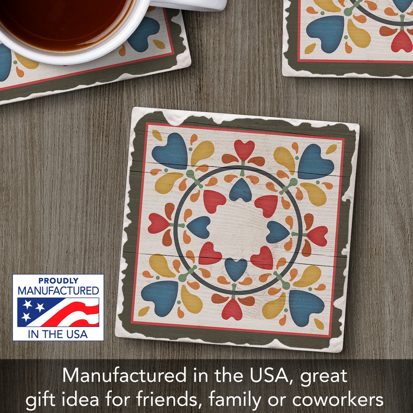 Thirstystone Quilt Design Folk Hearts & Flowers Single Tumbled Tile Stone Coaster with Protective Cork Backing Manufactured in The USA 4" Square, Artistic, Easily Wipes Clean