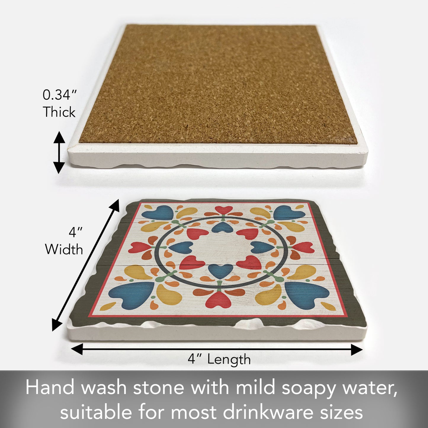 Thirstystone Quilt Design Folk Hearts & Flowers Single Tumbled Tile Stone Coaster with Protective Cork Backing Manufactured in The USA 4" Square, Artistic, Easily Wipes Clean