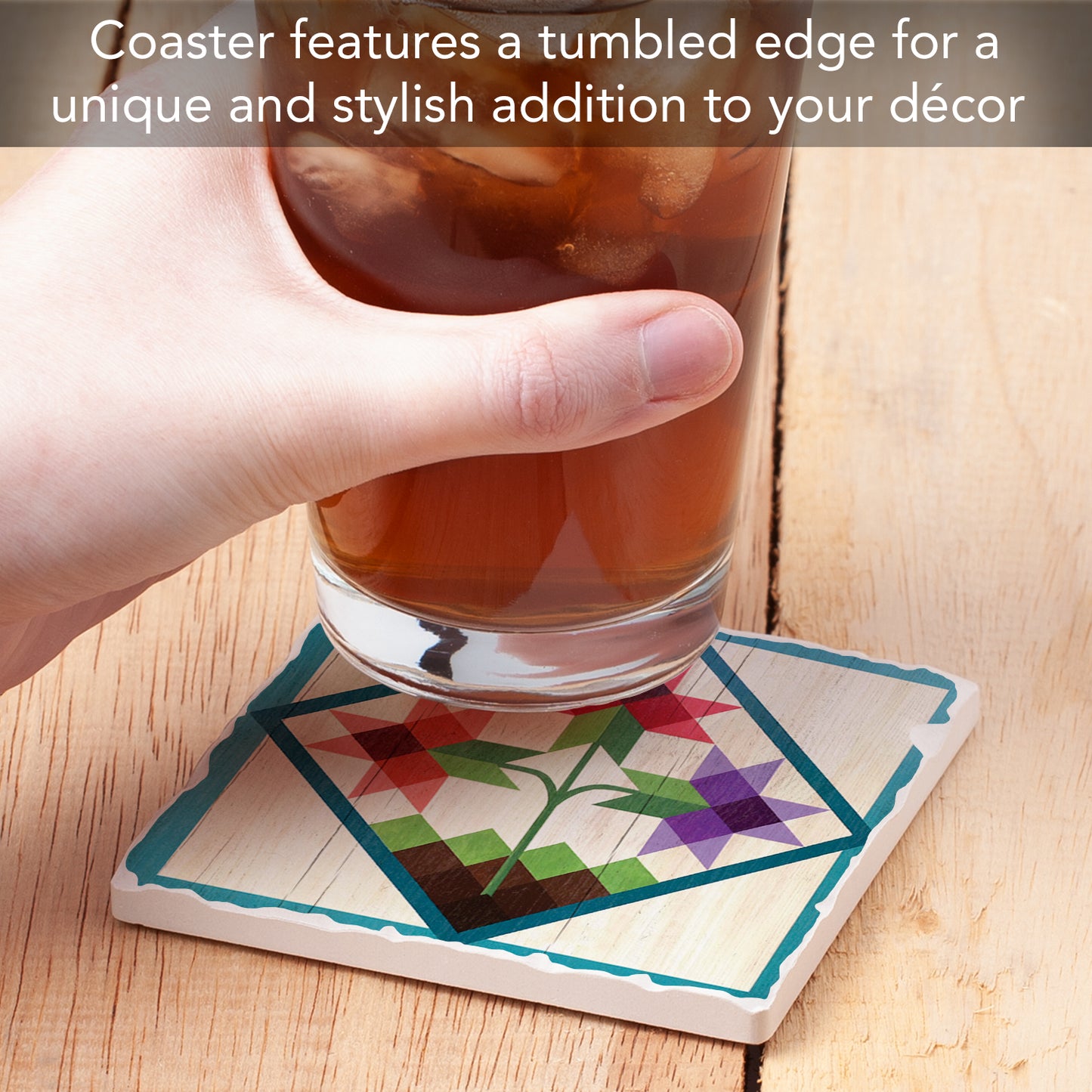 Thirstystone Quilt Design Tulip Trio Single Tumbled Tile Stone Coaster Manufactured in The USA 4" Square