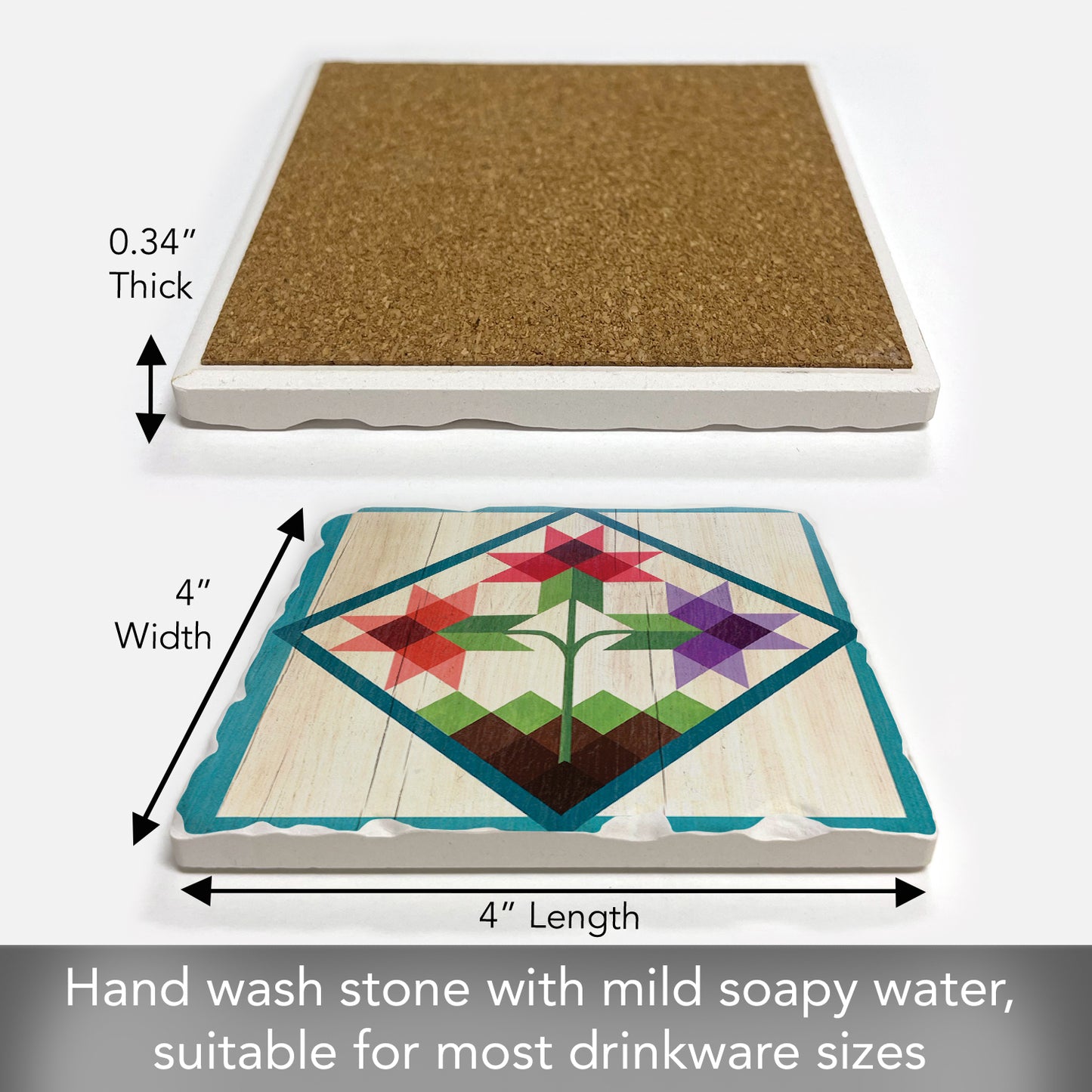 Thirstystone Quilt Design Tulip Trio Single Tumbled Tile Stone Coaster Manufactured in The USA 4" Square