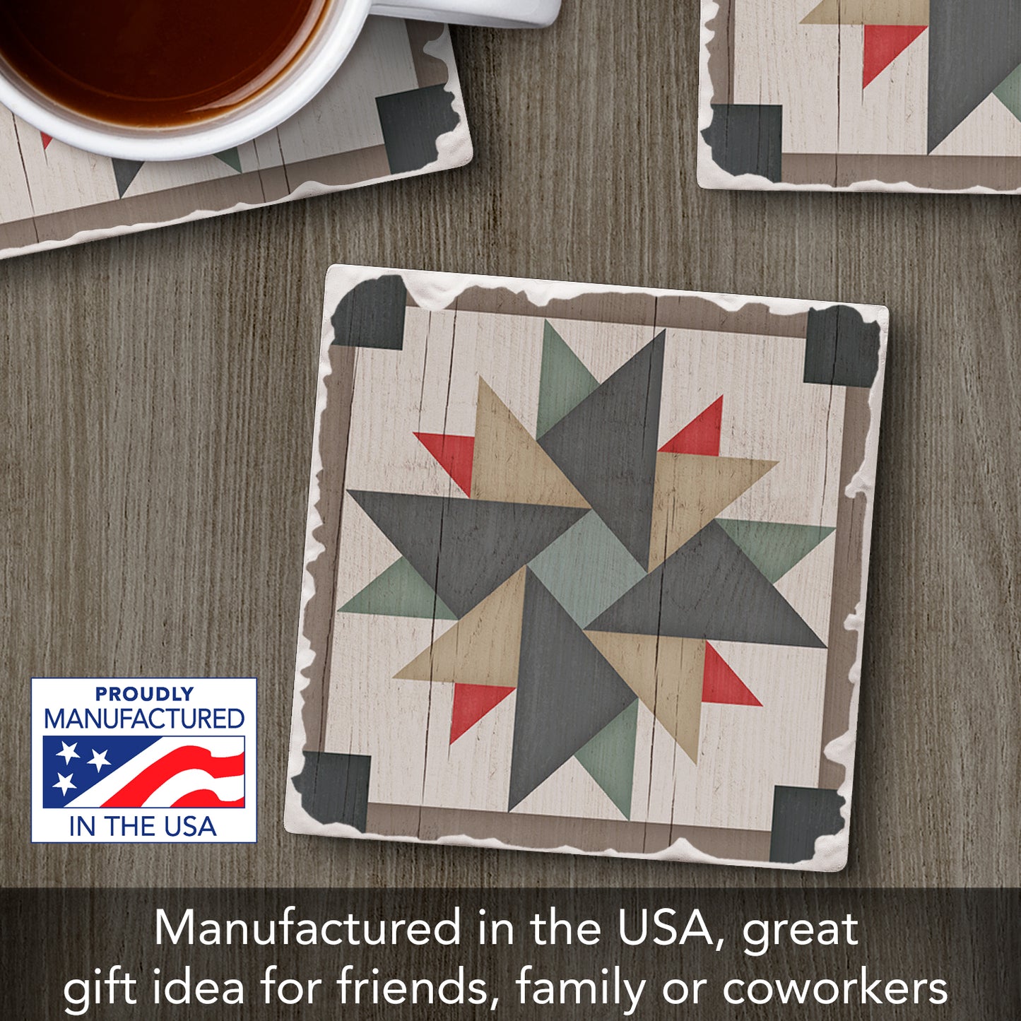 Thirstystone Quilt Design Windmill Single Tumbled Tile Stone Coaster with Protective Cork Backing Manufactured in The USA 4" Square, Artistic, Easily Wipes Clean