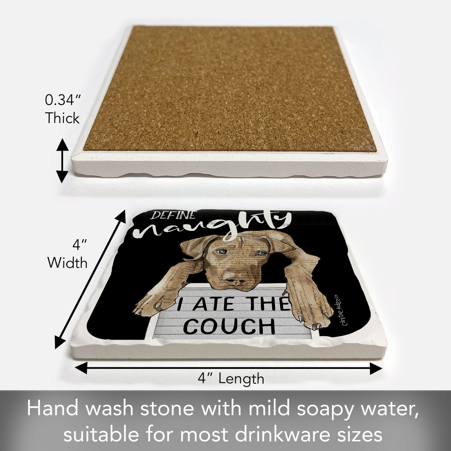 Thirstystone Define Naughty Dog Single Tumbled Tile Stone Coaster with Protective Cork Backing Manufactured in The USA 4" Square, Colorful, Artistiic, Easily Wipes Clean