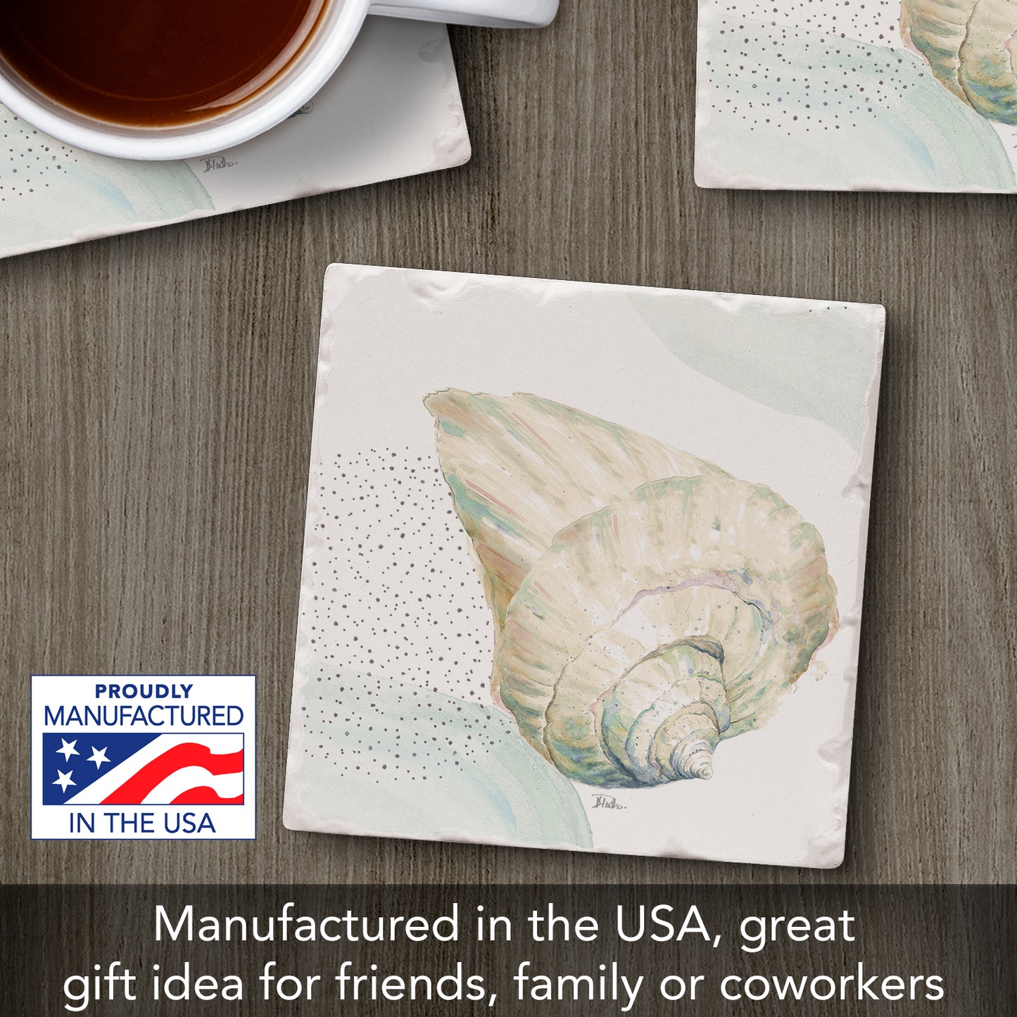Thirstystone Conch Single Tumbled Tile Stone Coaster with Protective Cork Backing Manufactured in The USA 4" Square, Colorful, Artistiic, Easily Wipes Clean