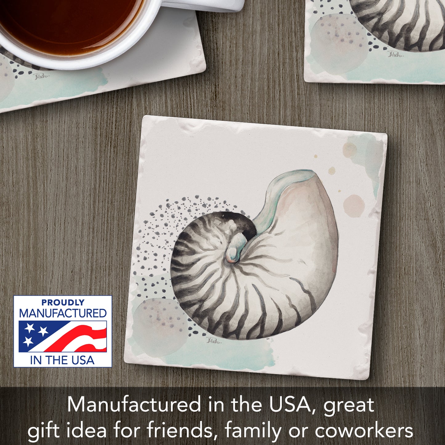 Thirstystone Nautilus Single Tumbled Tile Stone Coaster with Protective Cork Backing Manufactured in The USA 4" Square, Colorful, Artistiic, Easily Wipes Clean