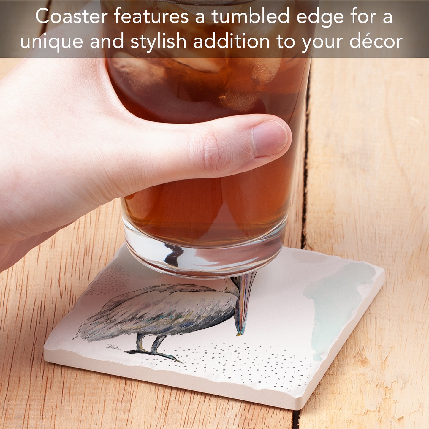 Thirstystone Pelican Single Tumbled Tile Stone Coaster with Protective Cork Backing Manufactured in The USA 4" Square, Colorful, Artistiic, Easily Wipes Clean