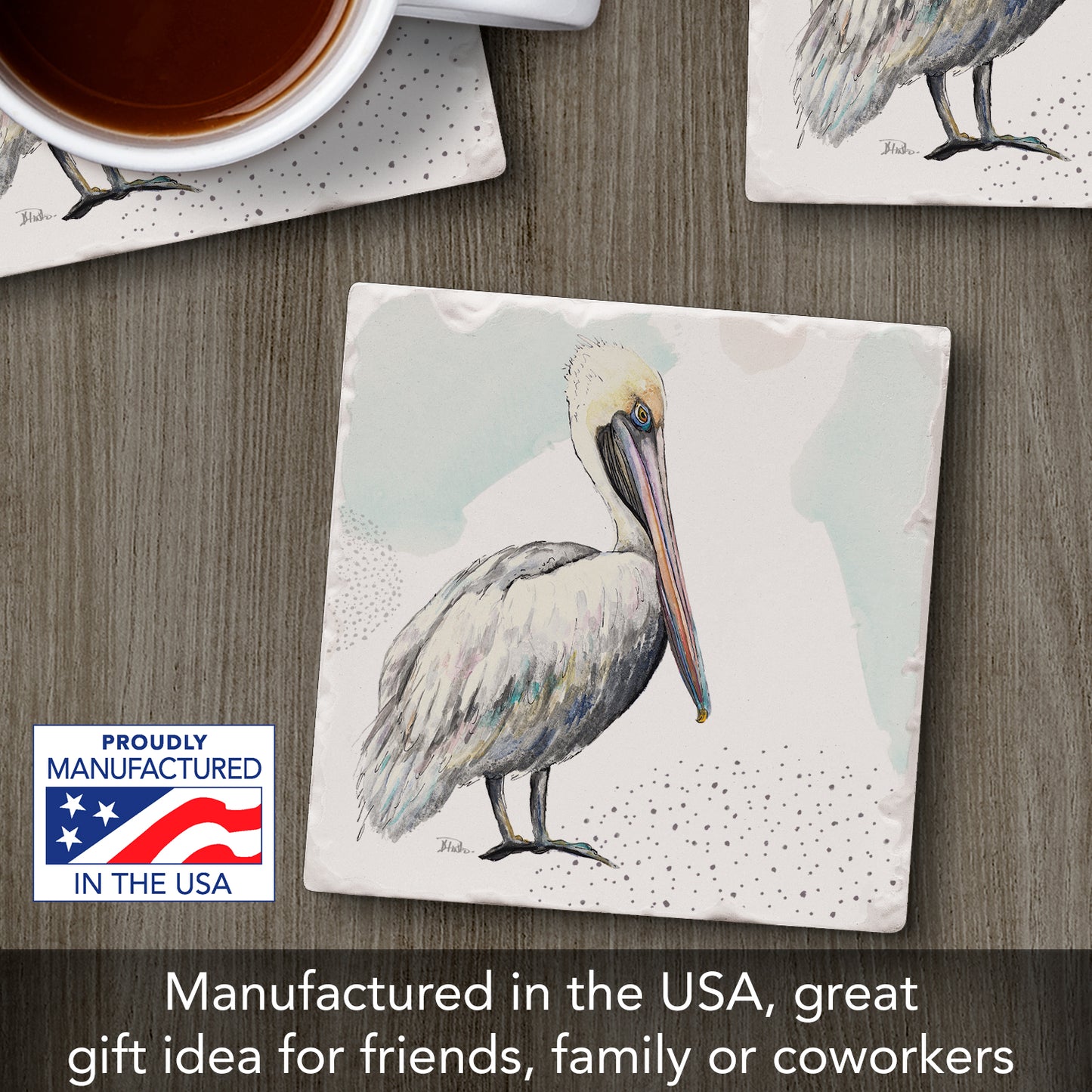 Thirstystone Pelican Single Tumbled Tile Stone Coaster with Protective Cork Backing Manufactured in The USA 4" Square, Colorful, Artistiic, Easily Wipes Clean