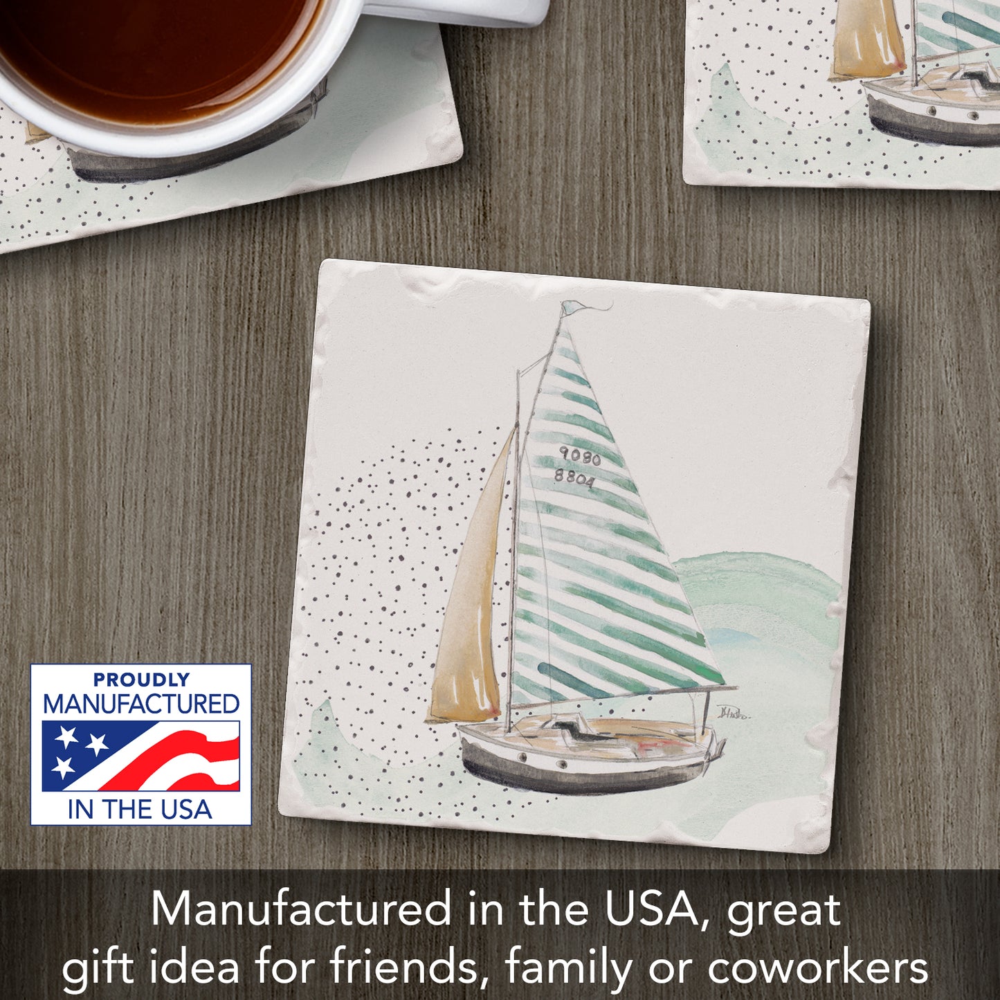 Thirstystone Sailboat Single Tumbled Tile Stone Coaster with Protective Cork Backing Manufactured in The USA 4" Square, Colorful, Artistiic, Easily Wipes Clean