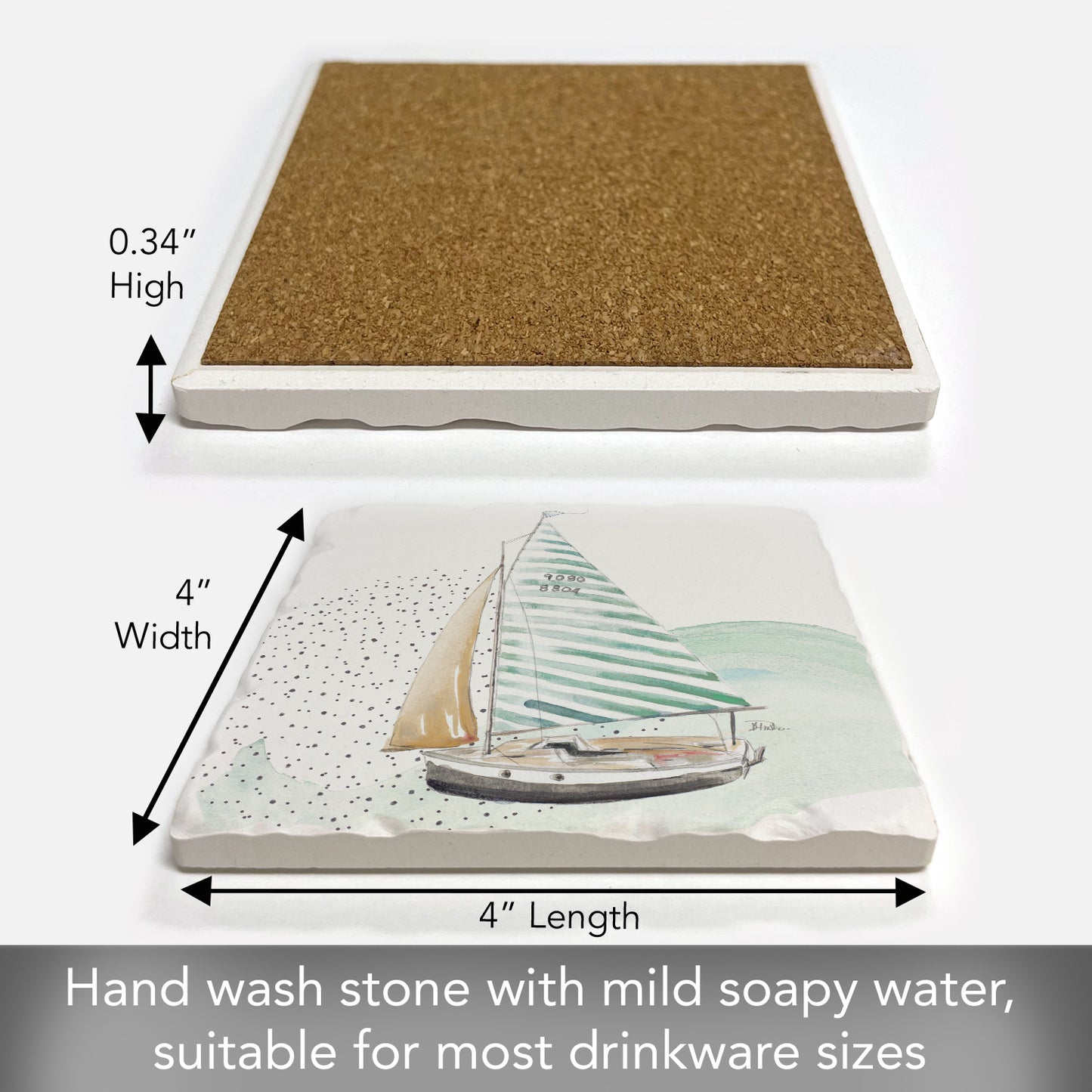 Thirstystone Sailboat Single Tumbled Tile Stone Coaster with Protective Cork Backing Manufactured in The USA 4" Square, Colorful, Artistiic, Easily Wipes Clean
