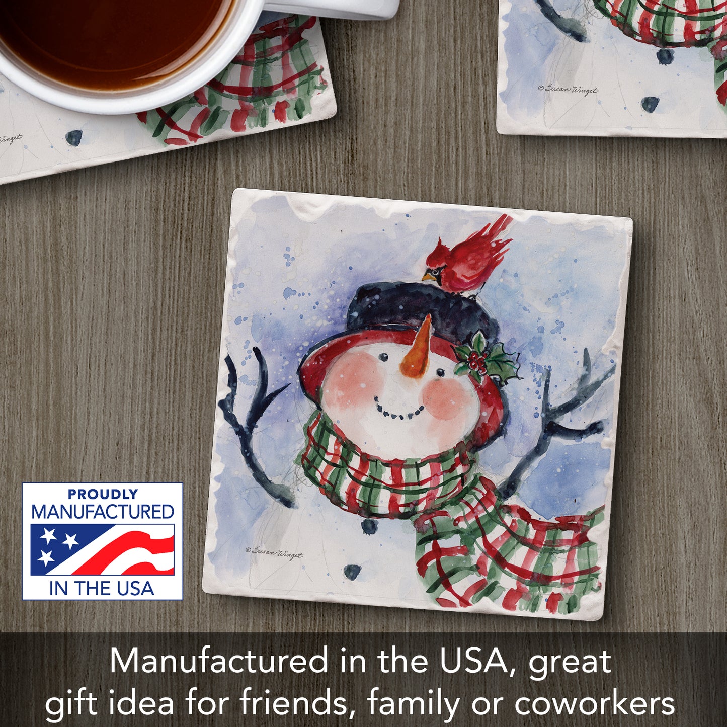 Thirstystone Snowman Green Plaid Scarf Single Tumbled Tile Coaster Manufactured in The USA Decorative, Stylish, Craft Your Own Collection