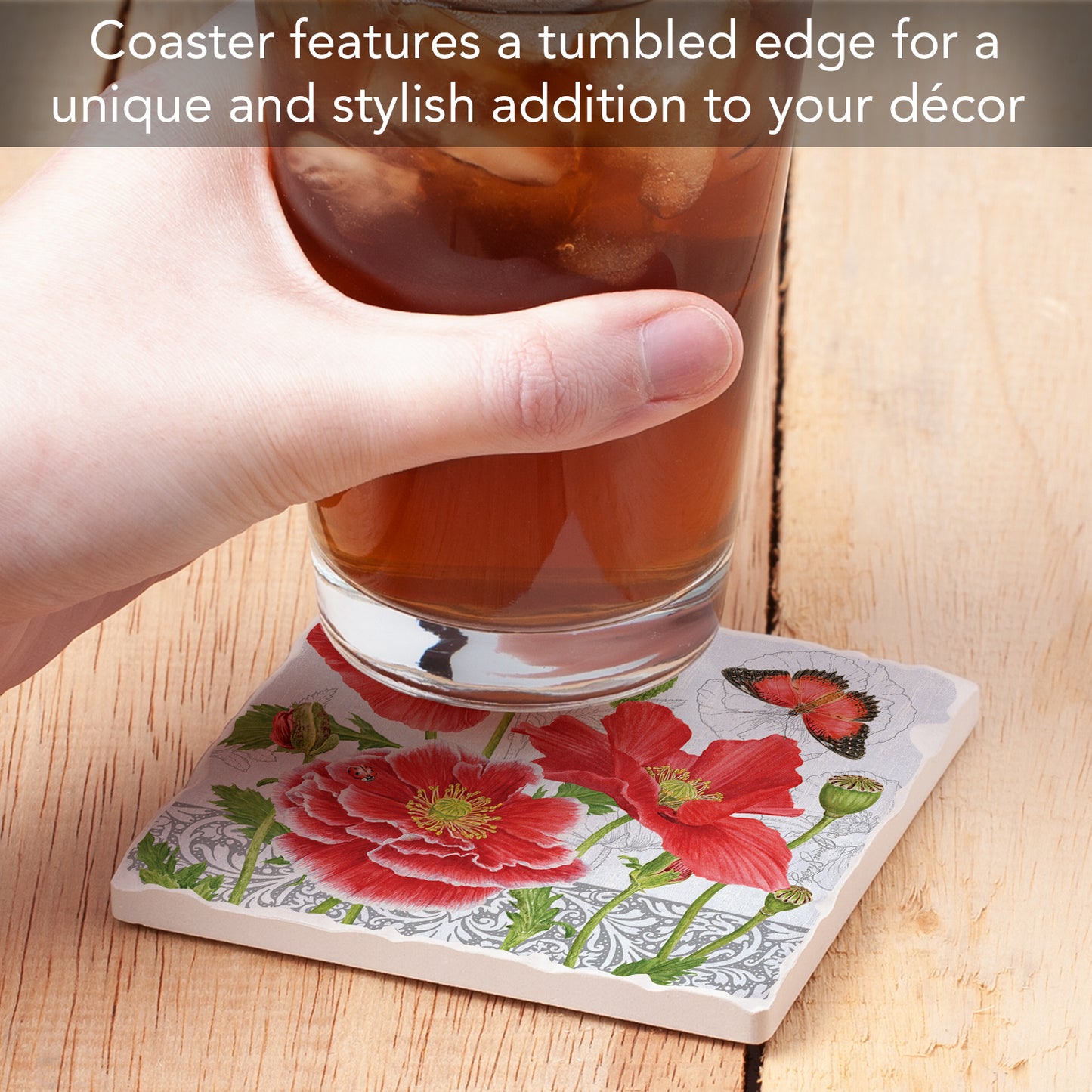 Thirstystone Poppies Single Tumbled Tile Stone Coaster with Protective Cork Backing Manufactured in The USA 4" Square, Artistic, Easily Wipes Clean