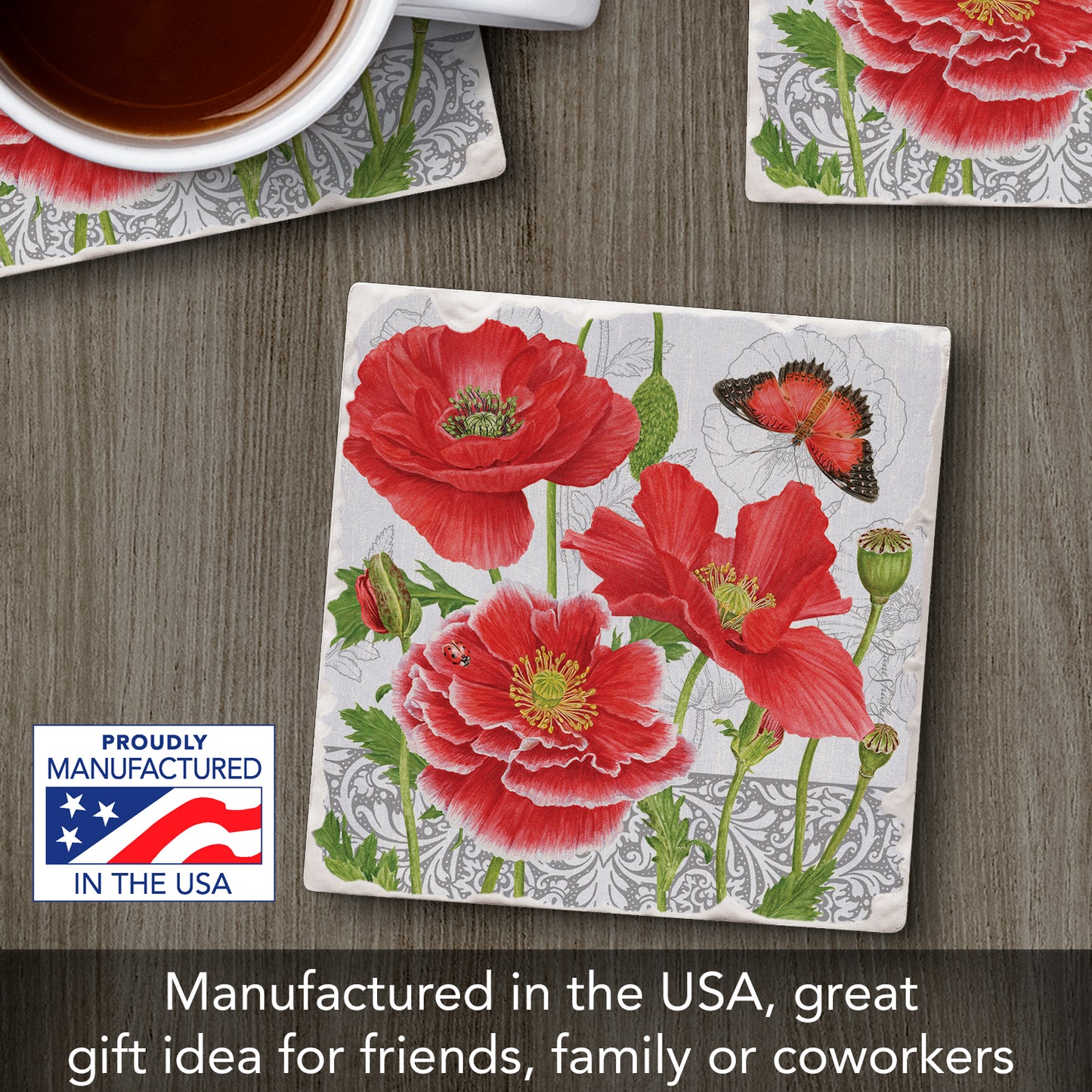 Thirstystone Poppies Single Tumbled Tile Stone Coaster with Protective Cork Backing Manufactured in The USA 4" Square, Artistic, Easily Wipes Clean