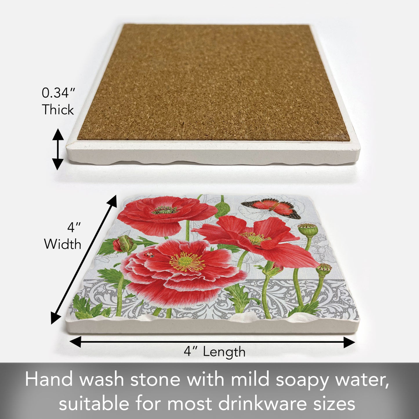 Thirstystone Poppies Single Tumbled Tile Stone Coaster with Protective Cork Backing Manufactured in The USA 4" Square, Artistic, Easily Wipes Clean