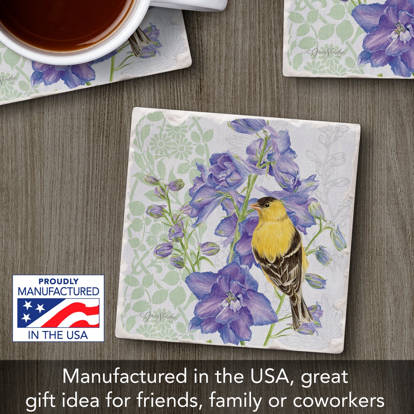 Thirstystone Delphinium Birdhouse Single Tumbled Tile Stone Coaster with Protective Cork Backing Manufactured in The USA 4" Square, Artistic, Easily Wipes Clean