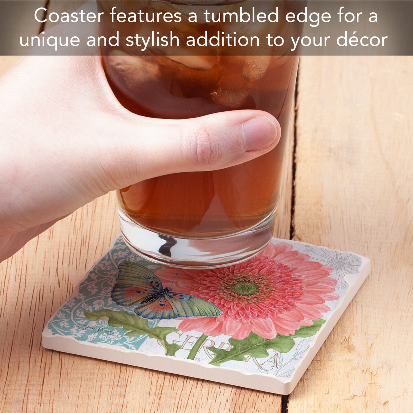 Thirstystone Gerber Daisy Single Tumbled Tile Stone Coaster with Protective Cork Backing Manufactured in The USA 4" Square, Artistic, Easily Wipes Clean