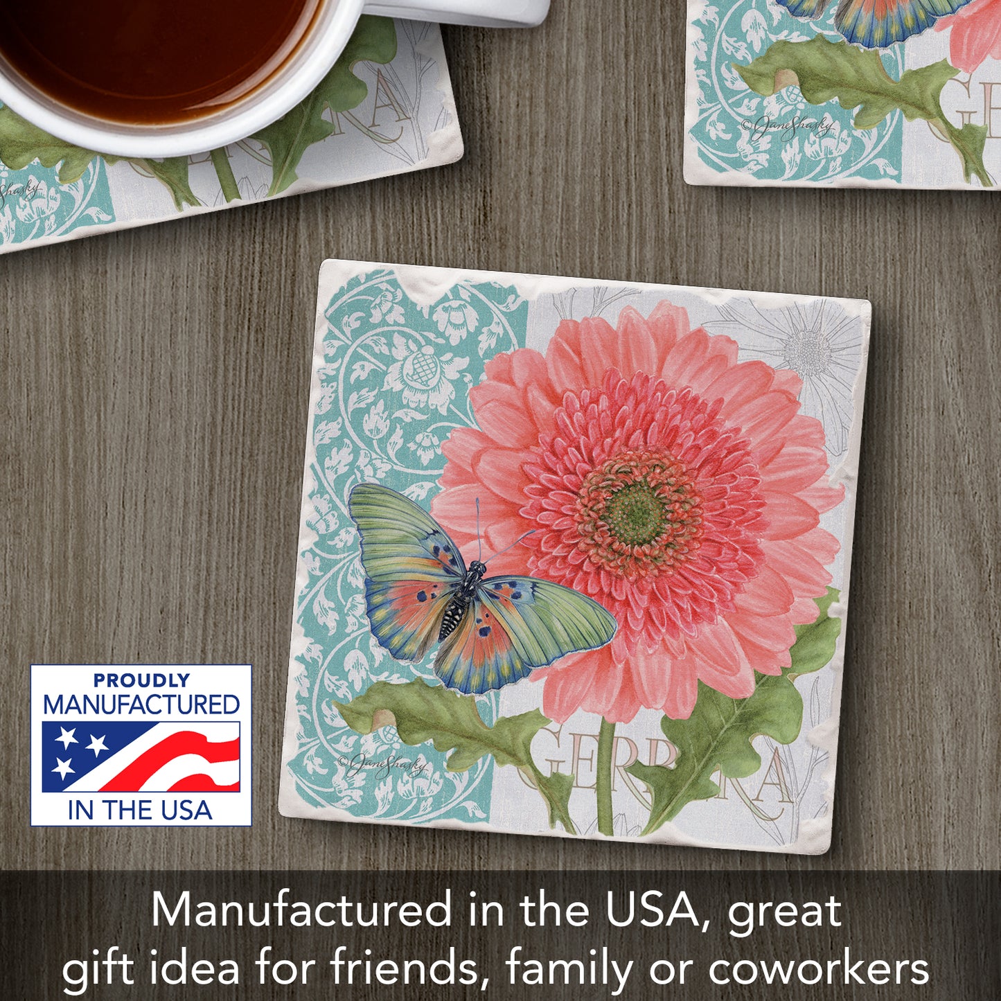 Thirstystone Gerber Daisy Single Tumbled Tile Stone Coaster with Protective Cork Backing Manufactured in The USA 4" Square, Artistic, Easily Wipes Clean