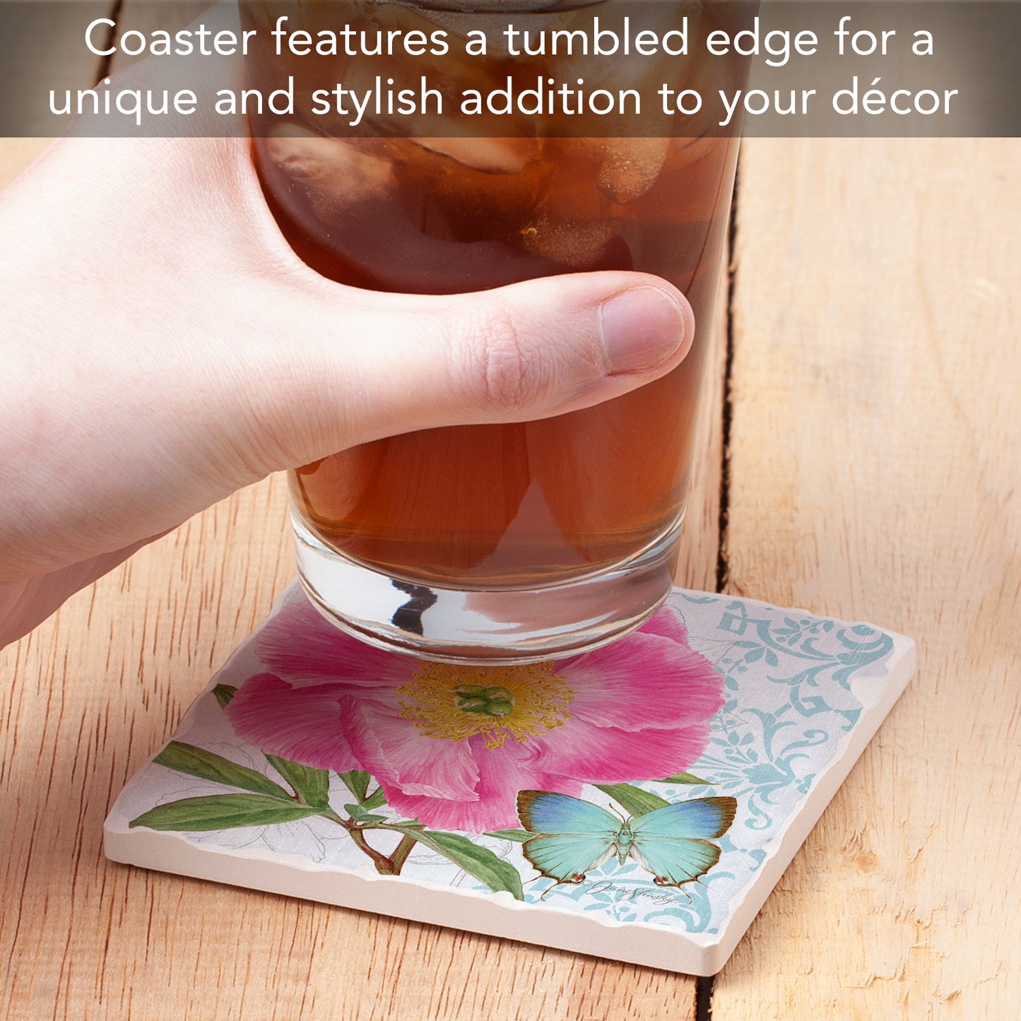 Thirstystone Peony Single Tumbled Tile Stone Coaster with Protective Cork Backing Manufactured in The USA 4" Square, Artistic, Easily Wipes Clean