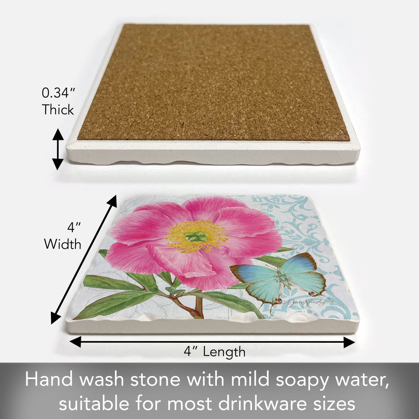 Thirstystone Peony Single Tumbled Tile Stone Coaster with Protective Cork Backing Manufactured in The USA 4" Square, Artistic, Easily Wipes Clean