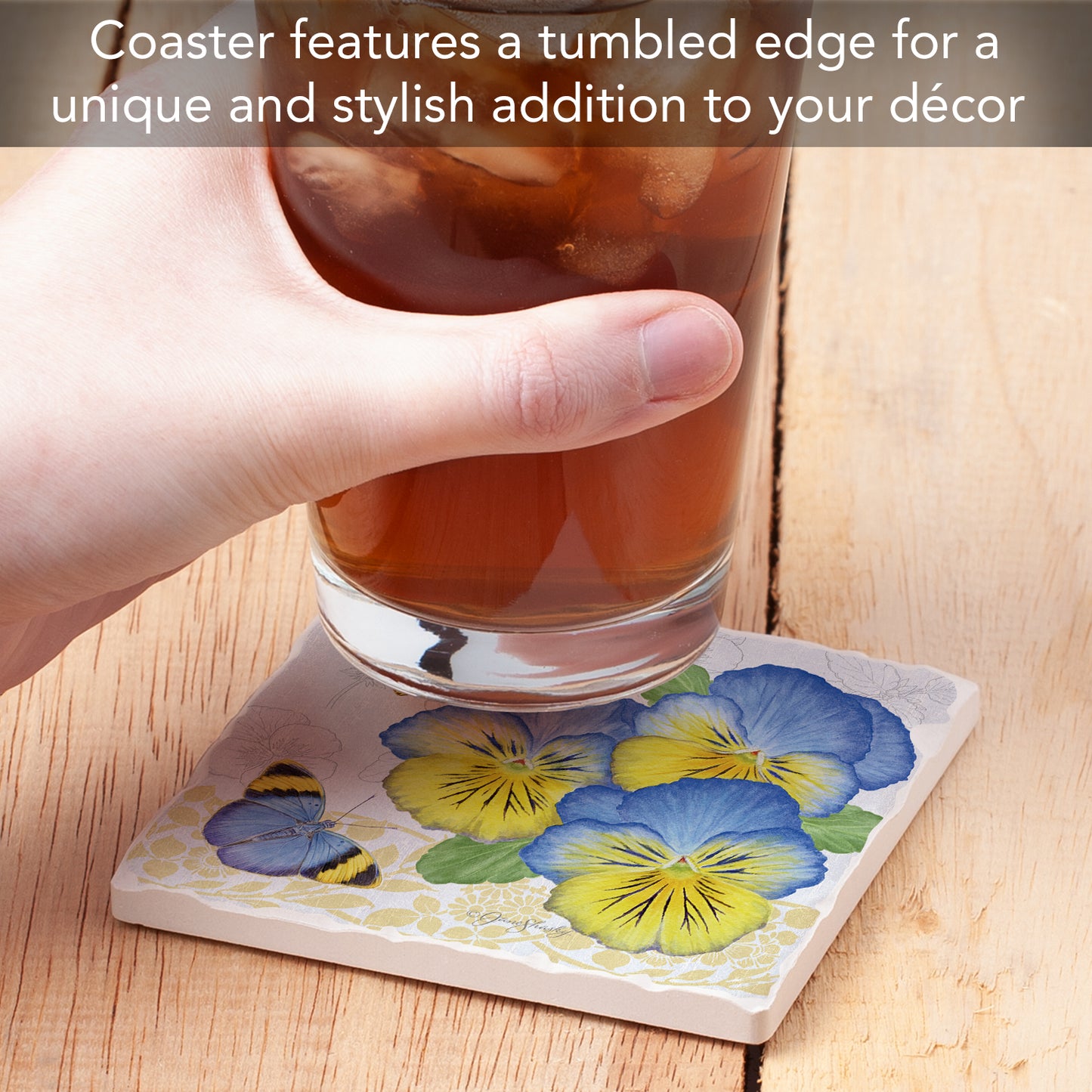 Thirstystone Pansies Single Tumbled Tile Stone Coaster with Protective Cork Backing Manufactured in The USA 4" Square, Artistic, Easily Wipes Clean