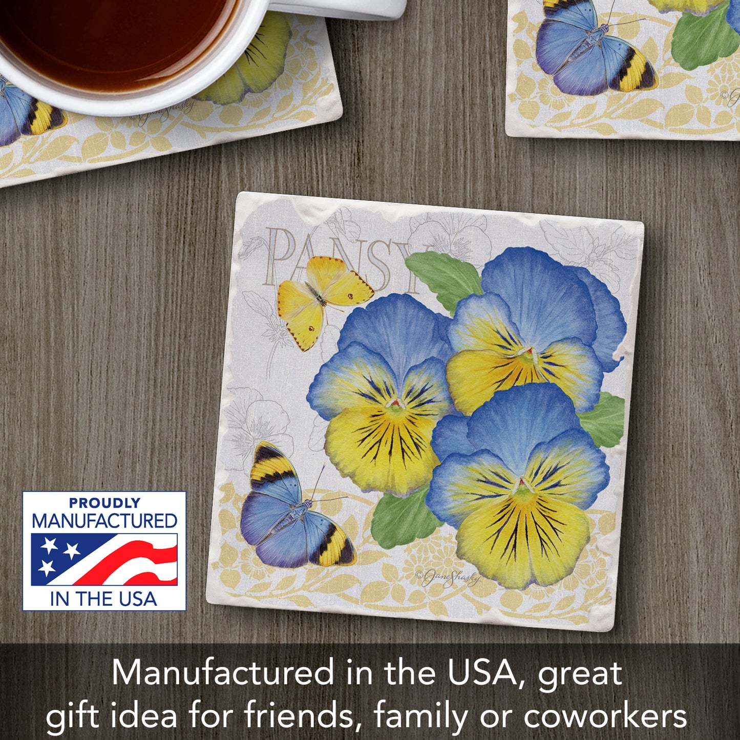 Thirstystone Pansies Single Tumbled Tile Stone Coaster with Protective Cork Backing Manufactured in The USA 4" Square, Artistic, Easily Wipes Clean