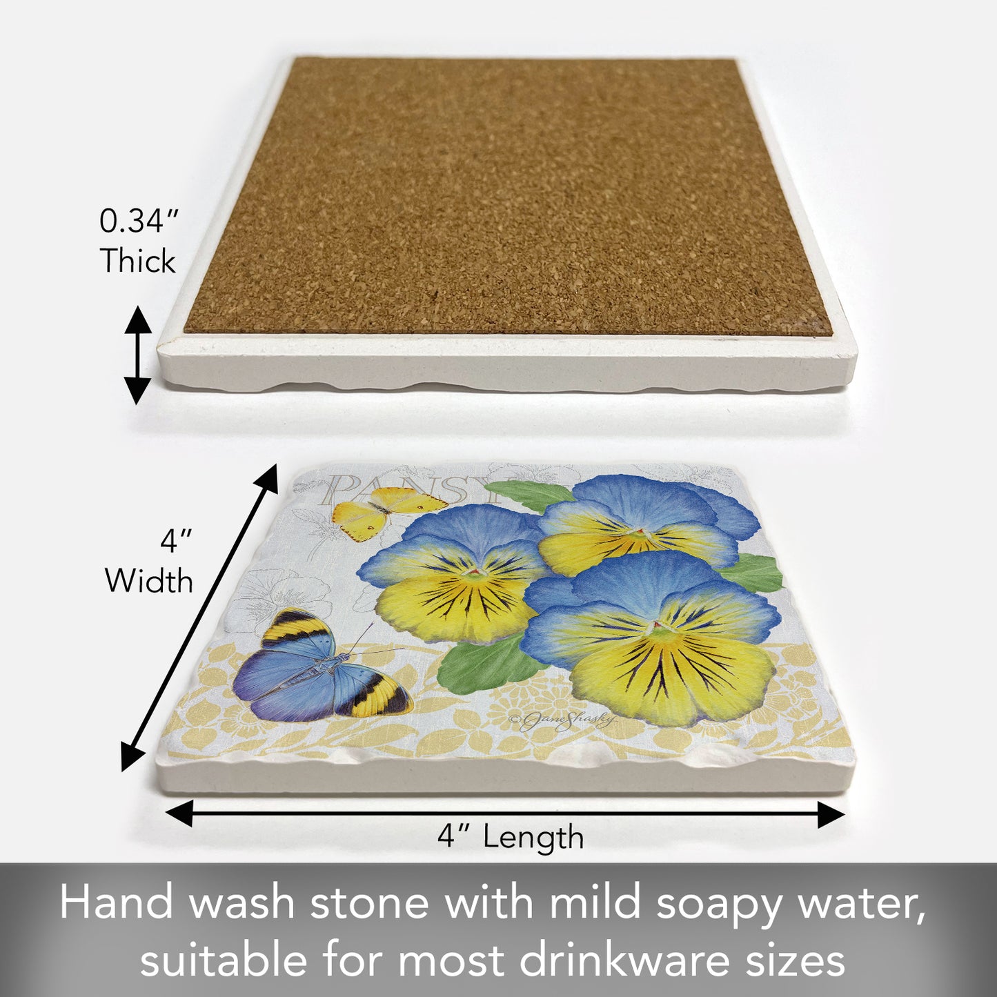 Thirstystone Pansies Single Tumbled Tile Stone Coaster with Protective Cork Backing Manufactured in The USA 4" Square, Artistic, Easily Wipes Clean