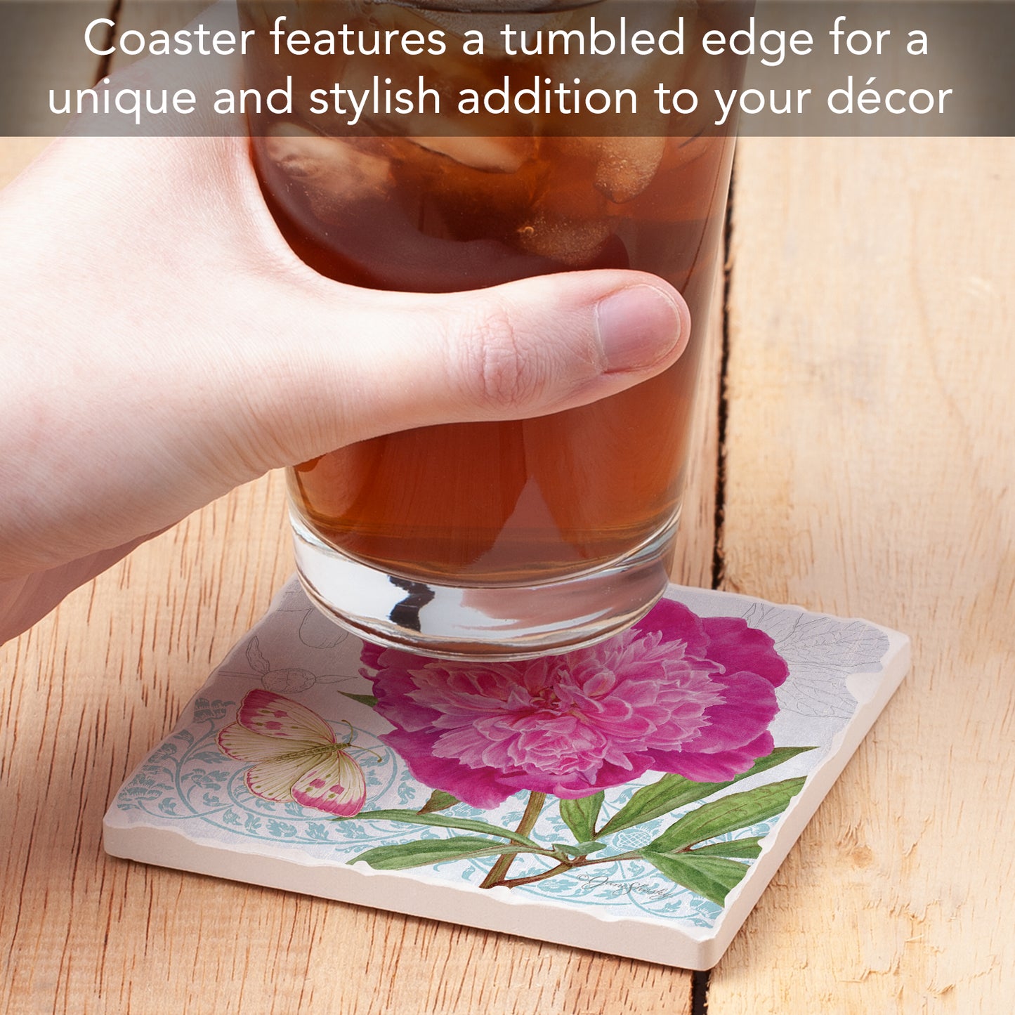 Thirstystone Botanical Peony Single Tumbled Tile Stone Coaster with Protective Cork Backing Manufactured in The USA 4" Square, Artistic, Easily Wipes Clean