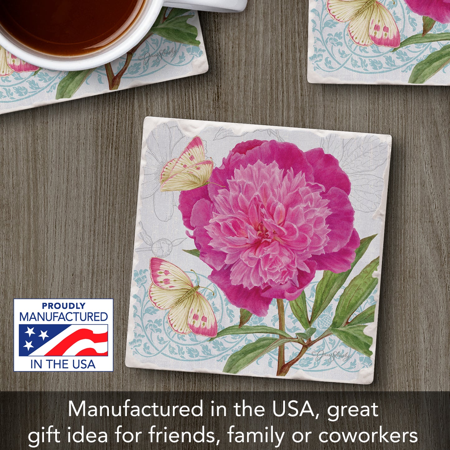 Thirstystone Botanical Peony Single Tumbled Tile Stone Coaster with Protective Cork Backing Manufactured in The USA 4" Square, Artistic, Easily Wipes Clean