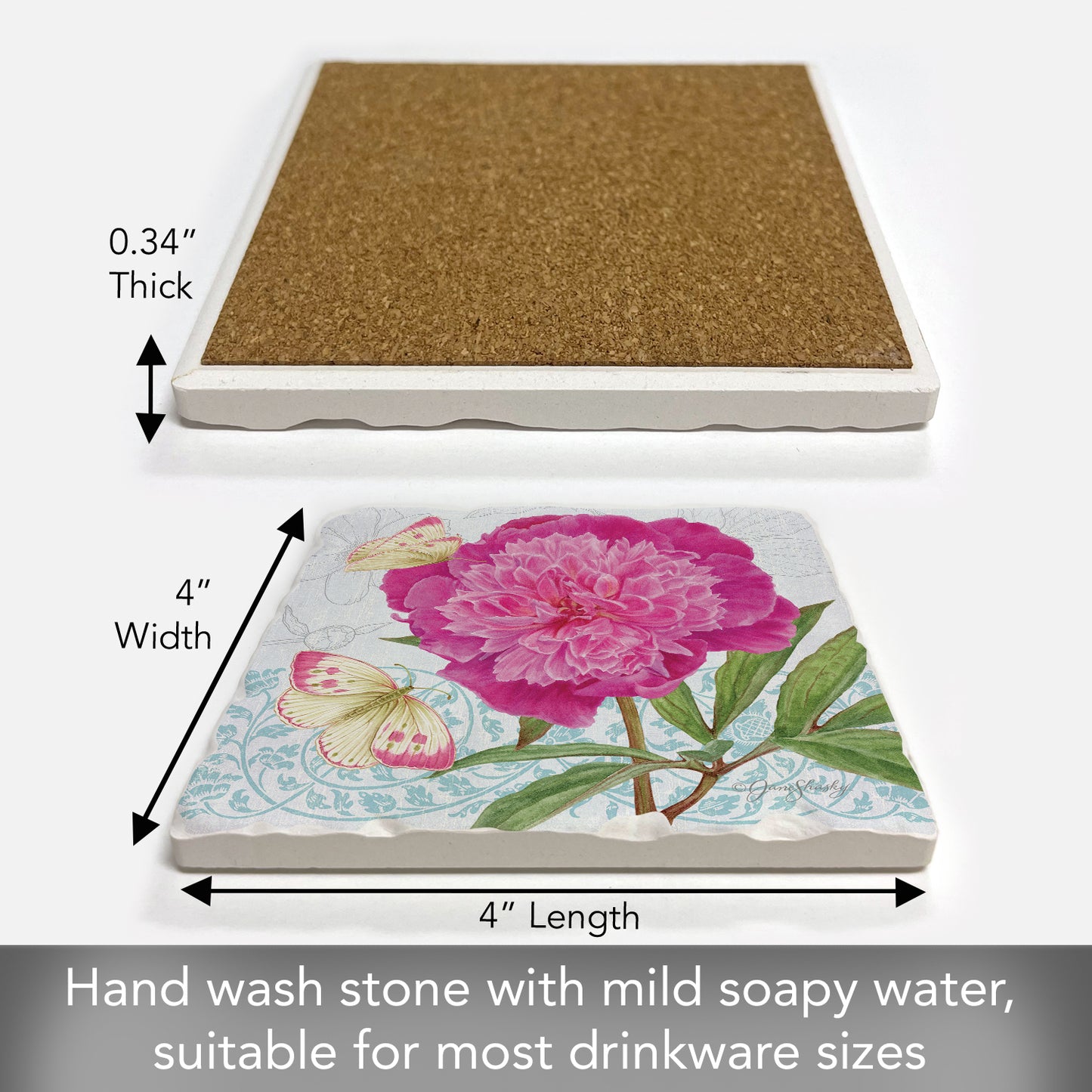 Thirstystone Botanical Peony Single Tumbled Tile Stone Coaster with Protective Cork Backing Manufactured in The USA 4" Square, Artistic, Easily Wipes Clean