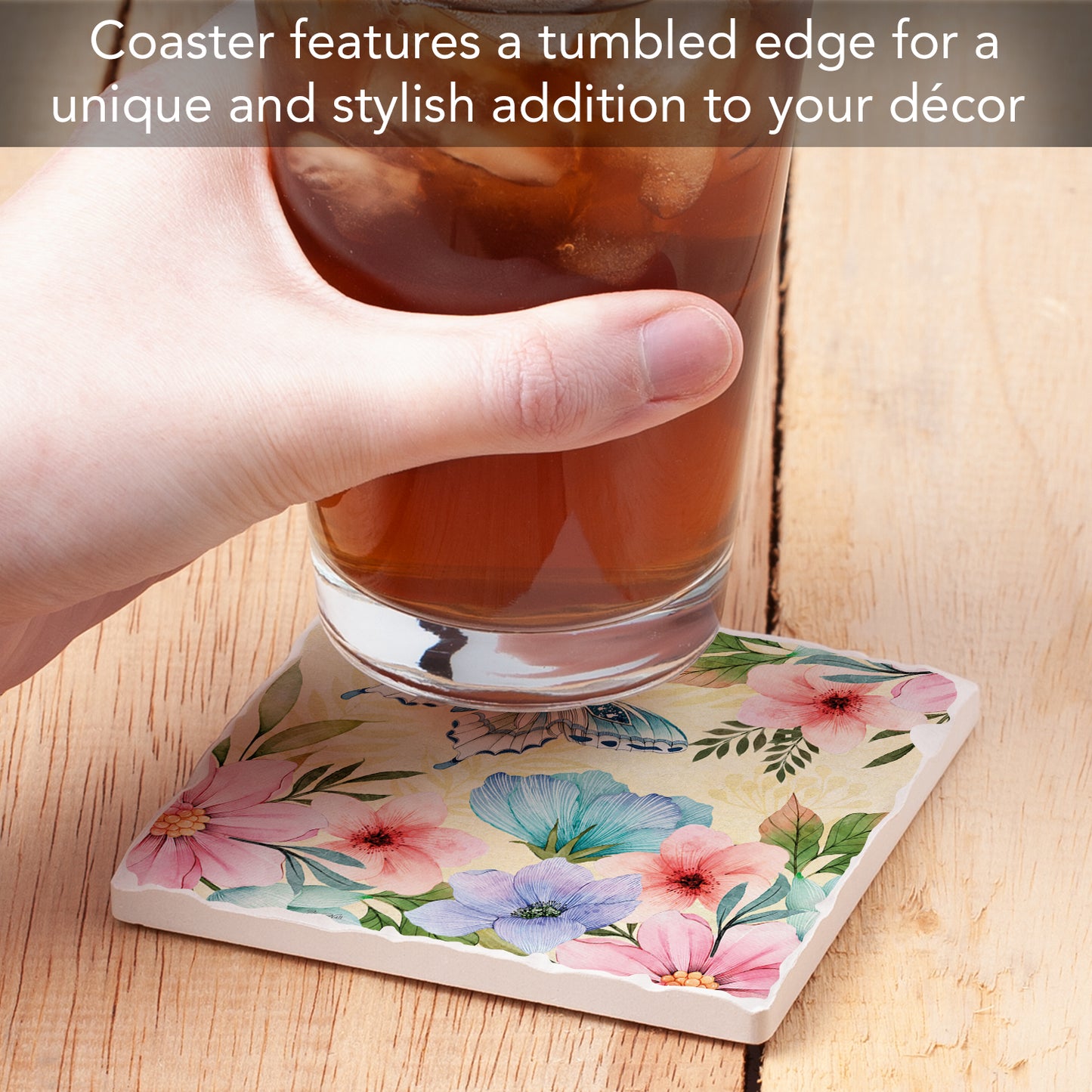 Thirstystone Blue Butterfly Bloom Single Tumbled Tile Stone Coaster with Protective Cork Backing Manufactured in The USA 4" Square