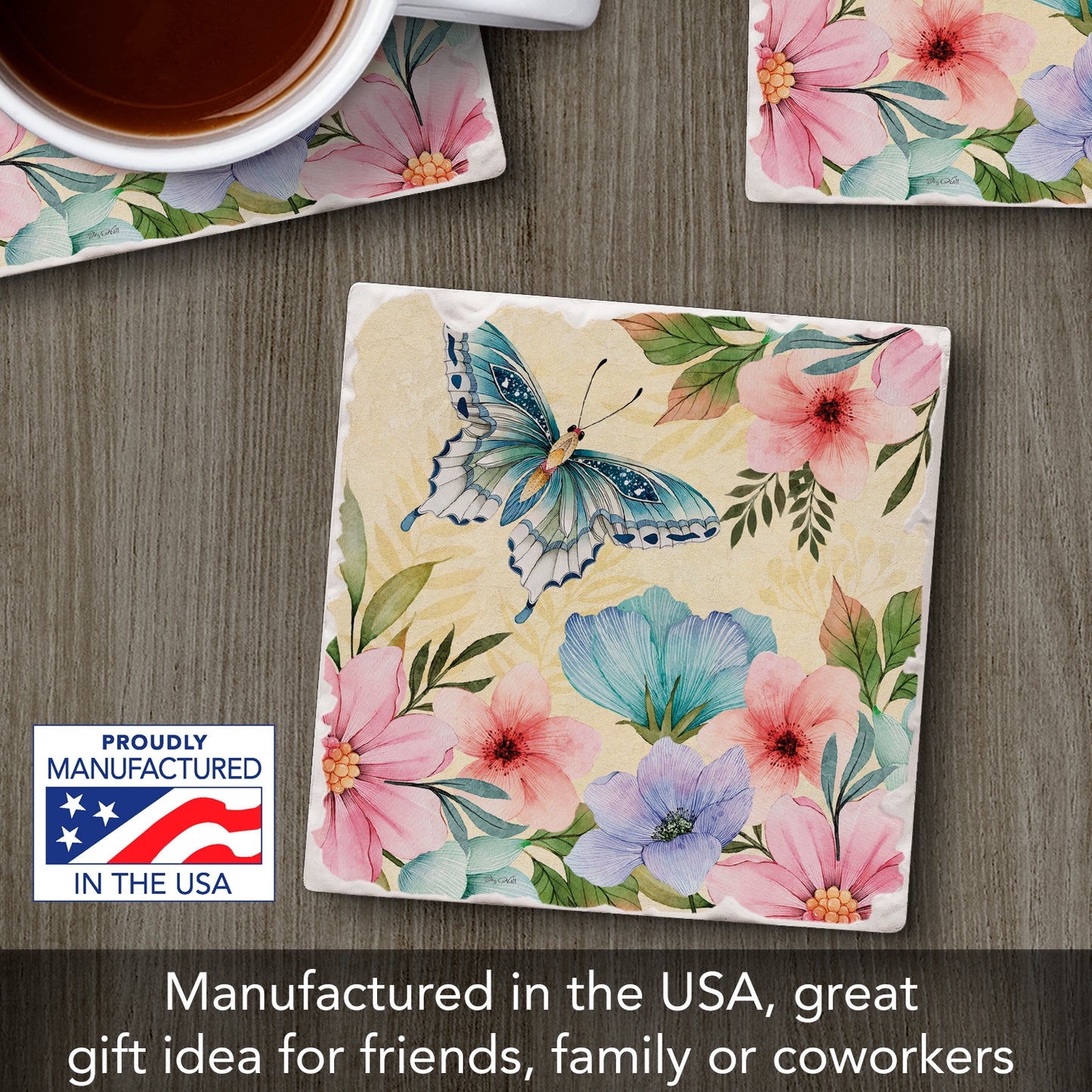 Thirstystone Blue Butterfly Bloom Single Tumbled Tile Stone Coaster with Protective Cork Backing Manufactured in The USA 4" Square