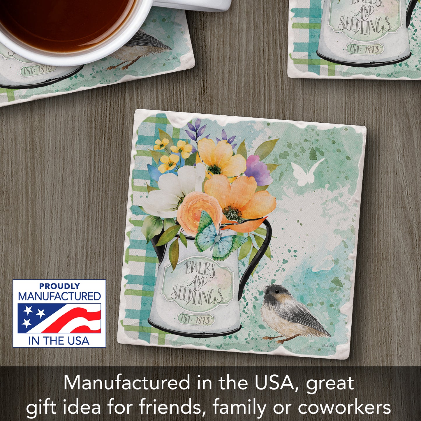 Thirstystone Bulbs & Seedlings Single Tumbled Tile Stone Coaster with Protective Cork Backing Manufactured in The USA 4" Square