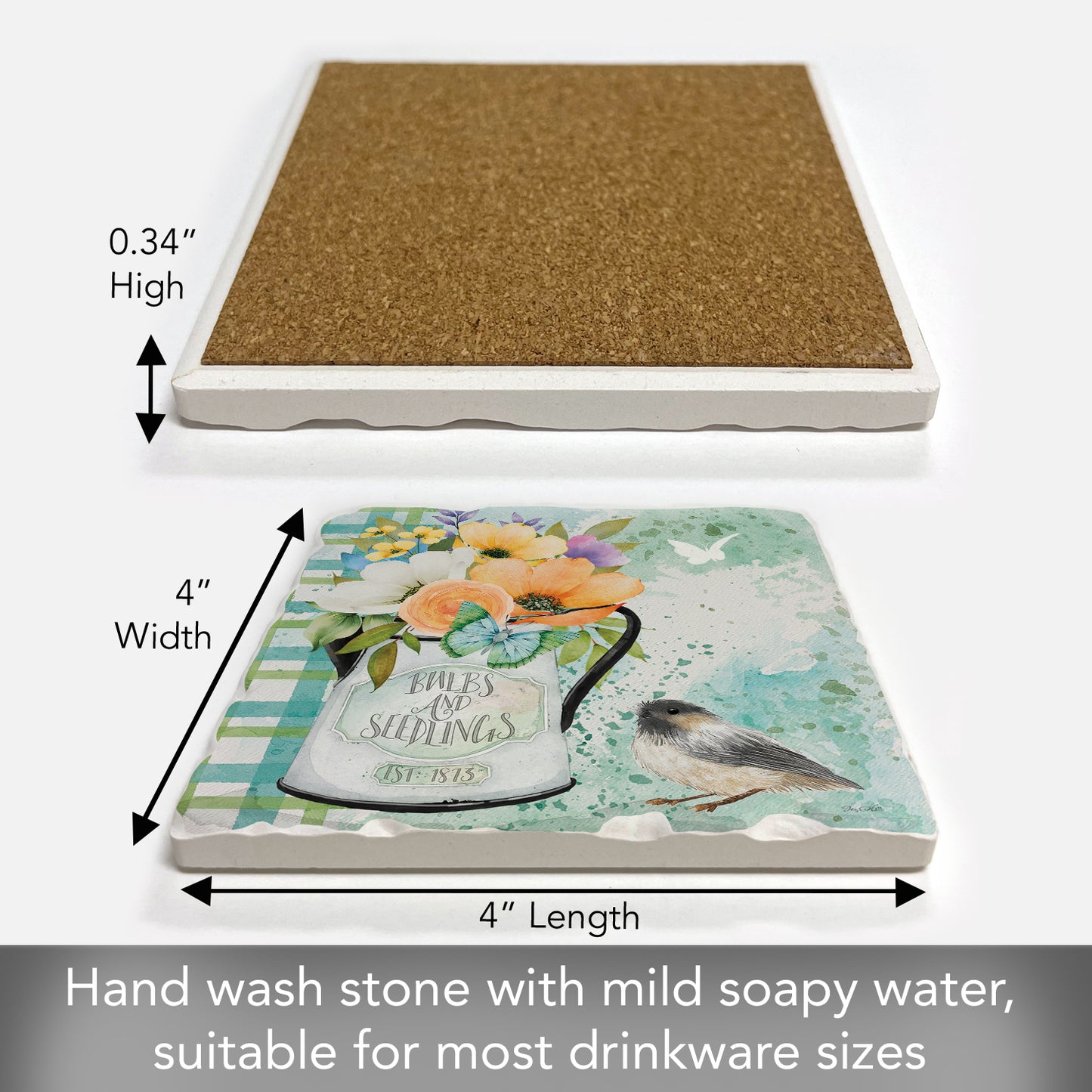 Thirstystone Bulbs & Seedlings Single Tumbled Tile Stone Coaster with Protective Cork Backing Manufactured in The USA 4" Square