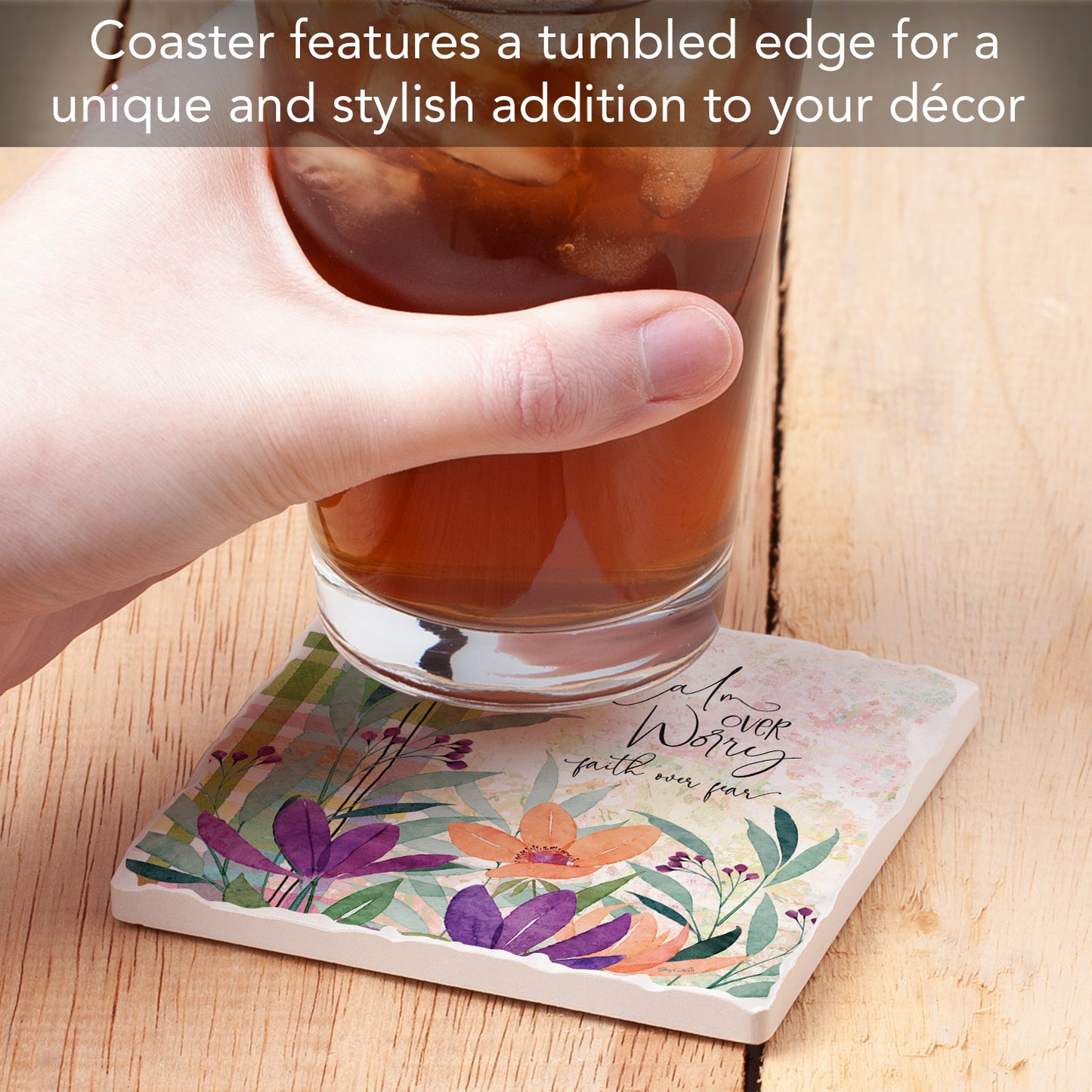 Thirstystone Calm Over Worry Single Tumbled Tile Stone Coaster with Protective Cork Backing Manufactured in The USA 4" Square