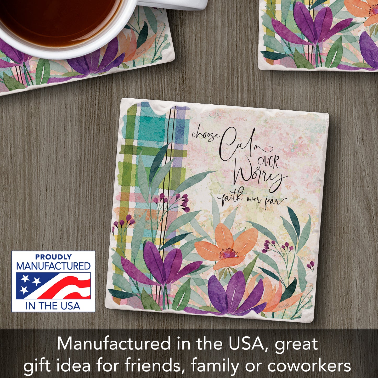 Thirstystone Calm Over Worry Single Tumbled Tile Stone Coaster with Protective Cork Backing Manufactured in The USA 4" Square