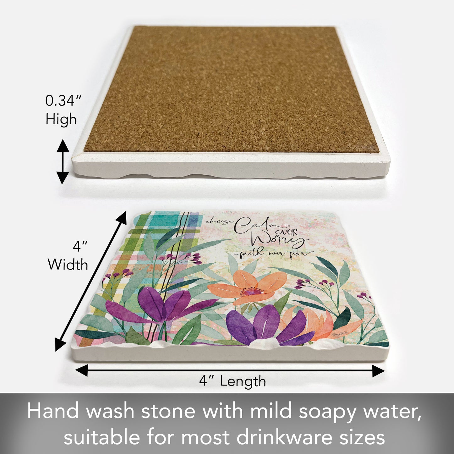 Thirstystone Calm Over Worry Single Tumbled Tile Stone Coaster with Protective Cork Backing Manufactured in The USA 4" Square