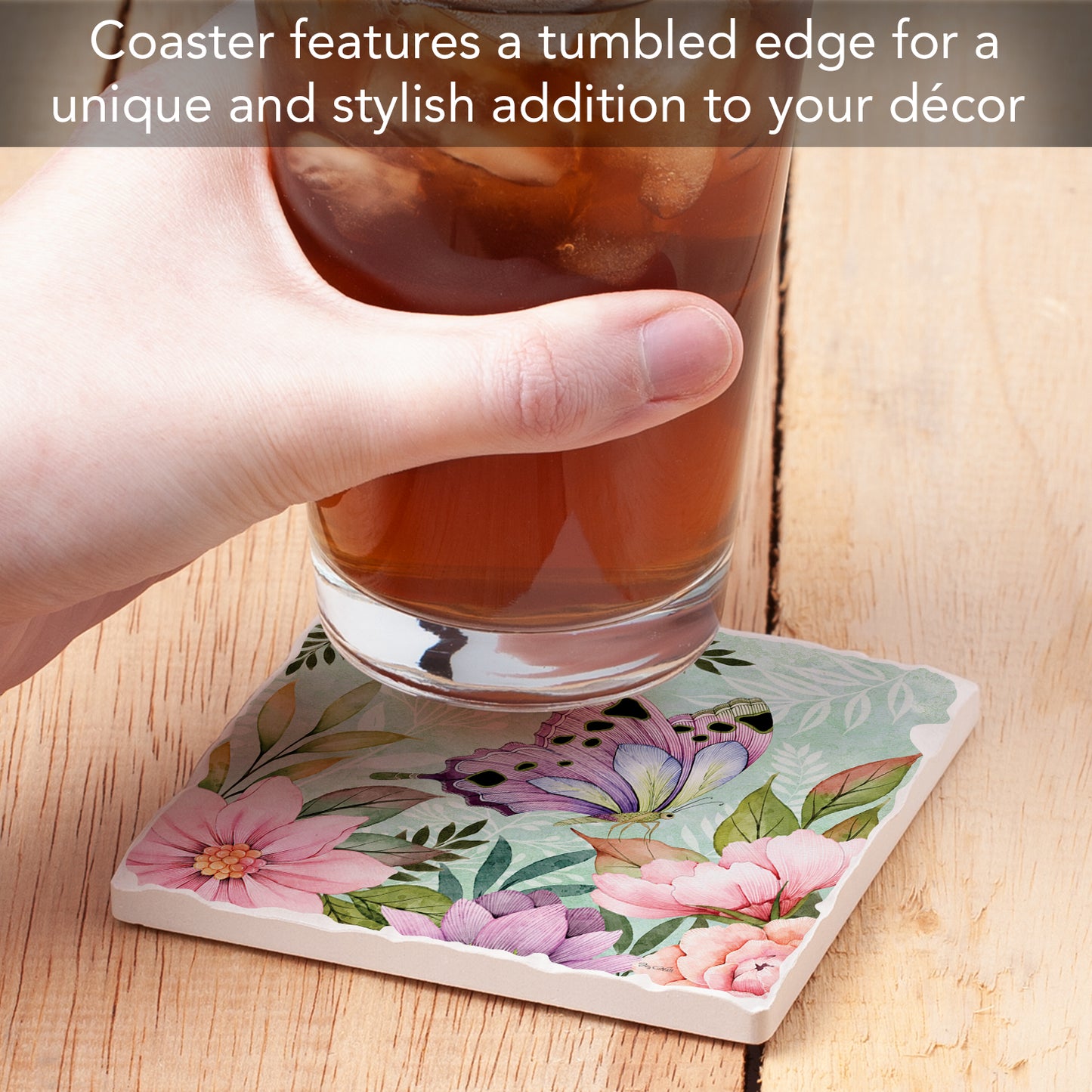 Thirstystone Pink Butterfly Bloom Single Tumbled Tile Stone Coaster with Protective Cork Backing Manufactured in The USA 4" Square