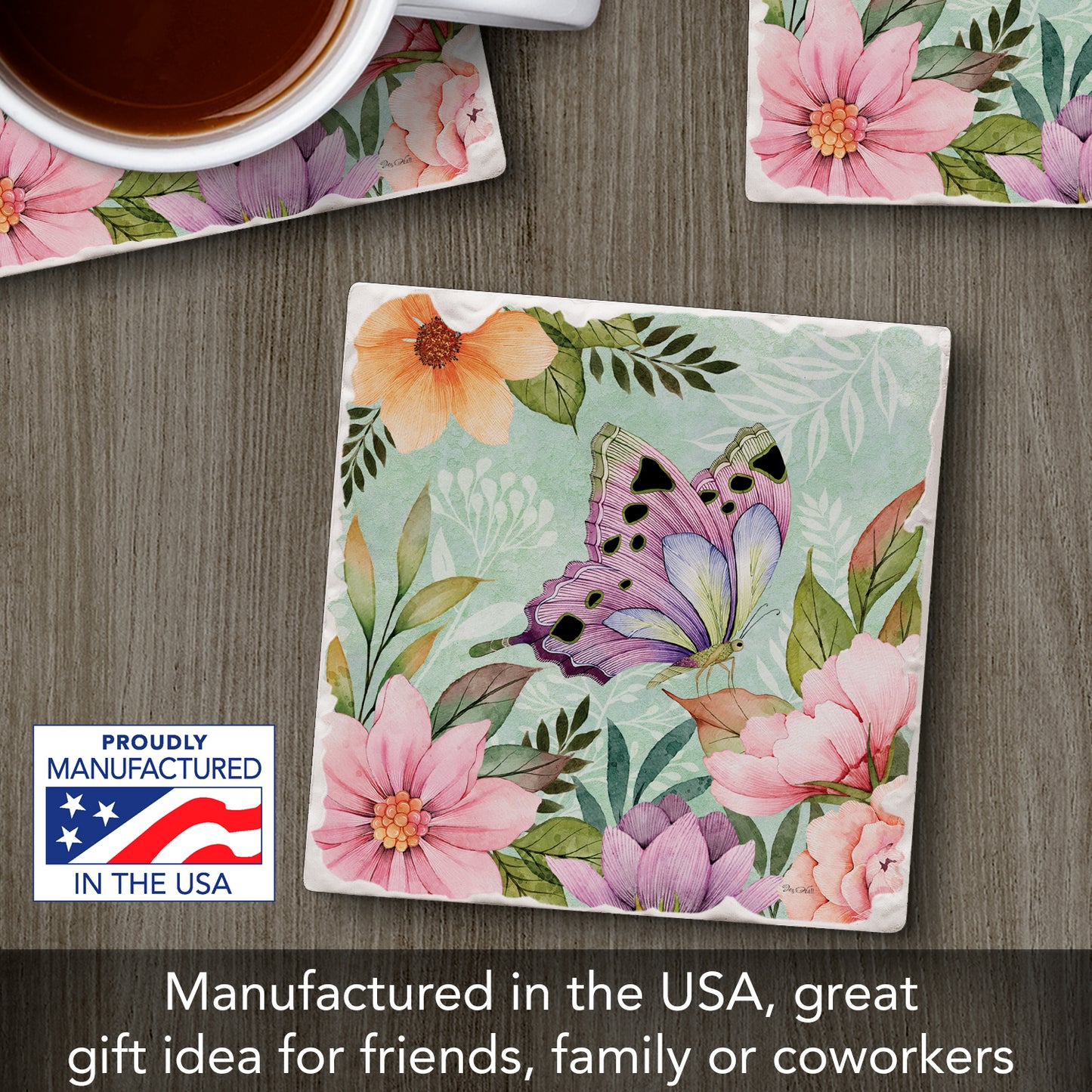 Thirstystone Pink Butterfly Bloom Single Tumbled Tile Stone Coaster with Protective Cork Backing Manufactured in The USA 4" Square