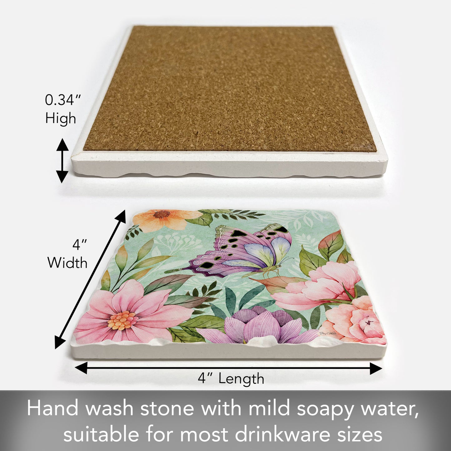 Thirstystone Pink Butterfly Bloom Single Tumbled Tile Stone Coaster with Protective Cork Backing Manufactured in The USA 4" Square