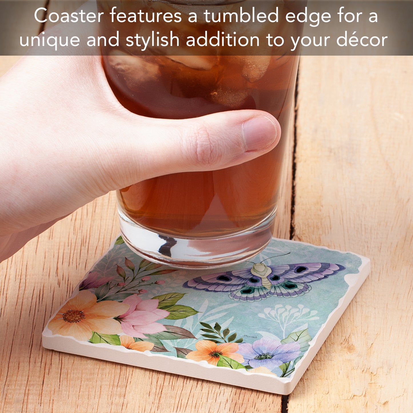 Thirstystone Purple Butterfly Bloom Single Tumbled Tile Stone Coaster with Protective Cork Backing Manufactured in The USA 4" Square