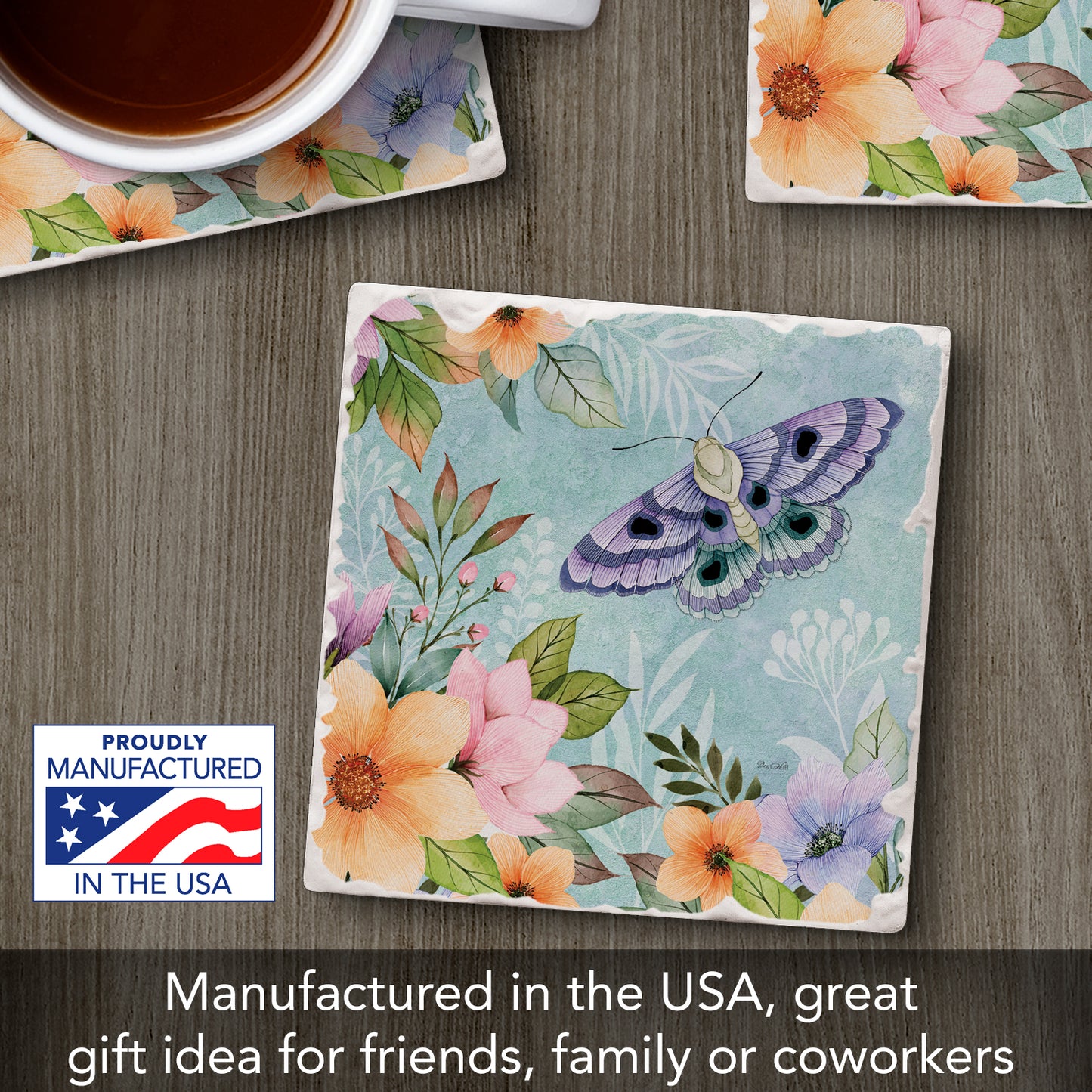 Thirstystone Purple Butterfly Bloom Single Tumbled Tile Stone Coaster with Protective Cork Backing Manufactured in The USA 4" Square