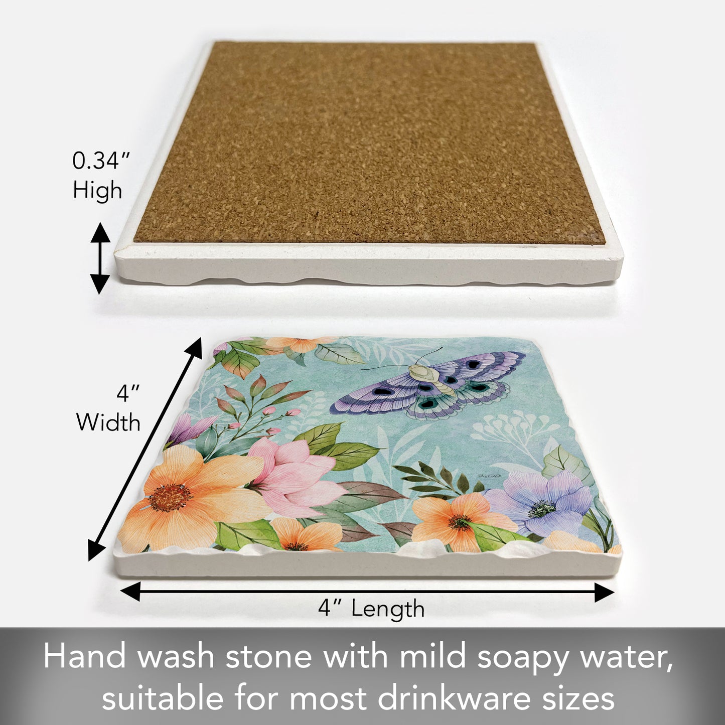 Thirstystone Purple Butterfly Bloom Single Tumbled Tile Stone Coaster with Protective Cork Backing Manufactured in The USA 4" Square