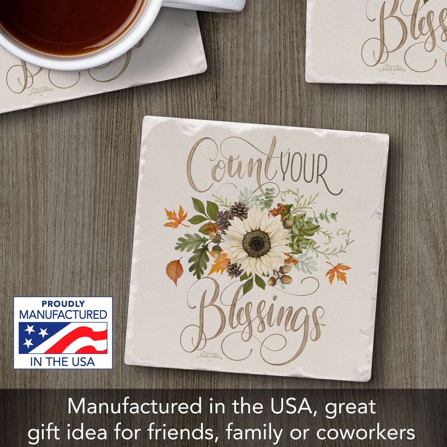 Thirstystone Count Your Blessings Single Tumbled Tile Stone Coaster with Protective Cork Backing Manufactured in The USA 4" Square, Colorful, Artistiic, Easily Wipes Clean