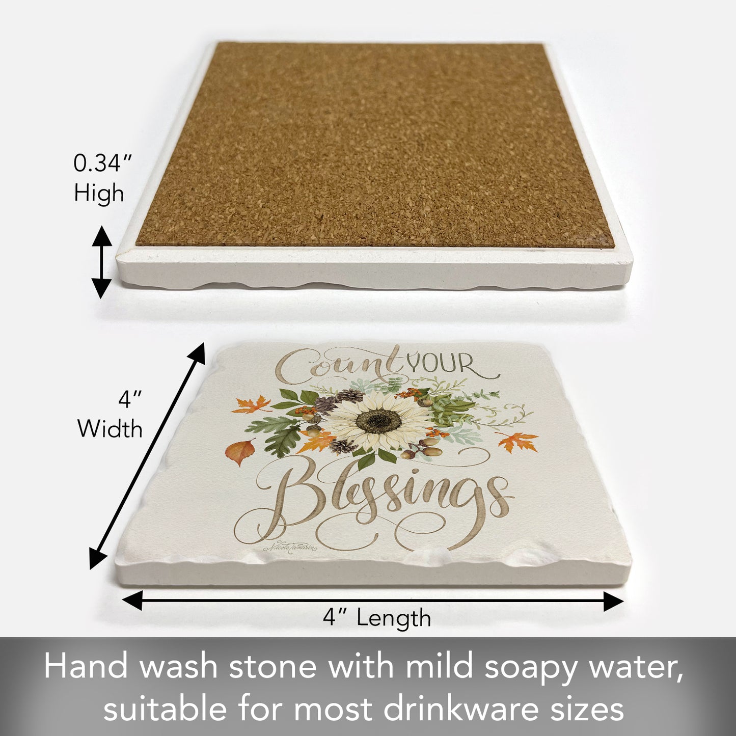 Thirstystone Count Your Blessings Single Tumbled Tile Stone Coaster with Protective Cork Backing Manufactured in The USA 4" Square, Colorful, Artistiic, Easily Wipes Clean